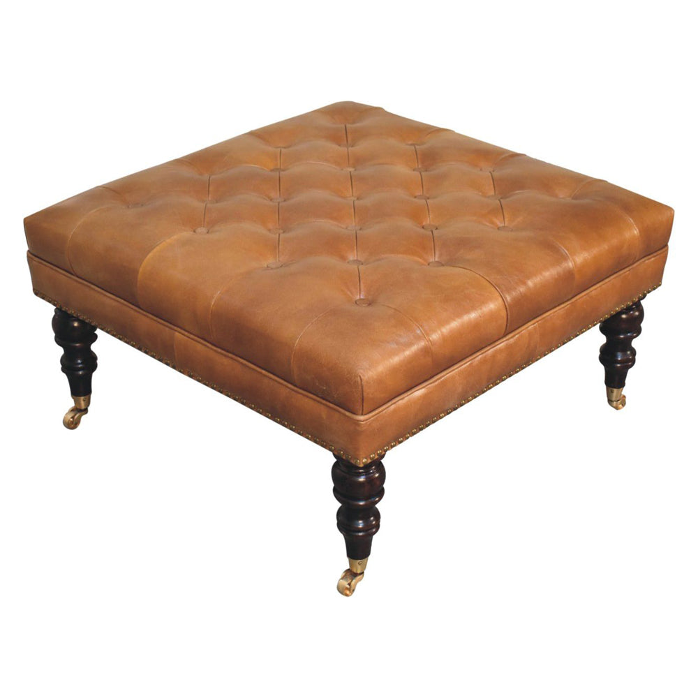 Artisan - Studded Buffalo Tan Leather Ottoman With Castor Legs