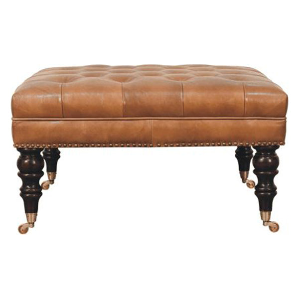 Artisan - Studded Buffalo Tan Leather Ottoman With Castor Legs