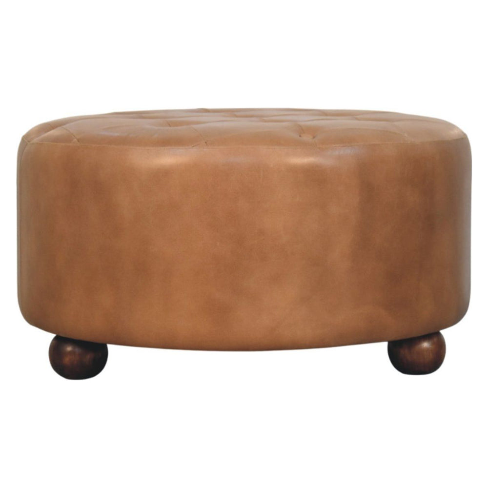 Artisan - Brown Buffalo Hide Leather Round Ottoman