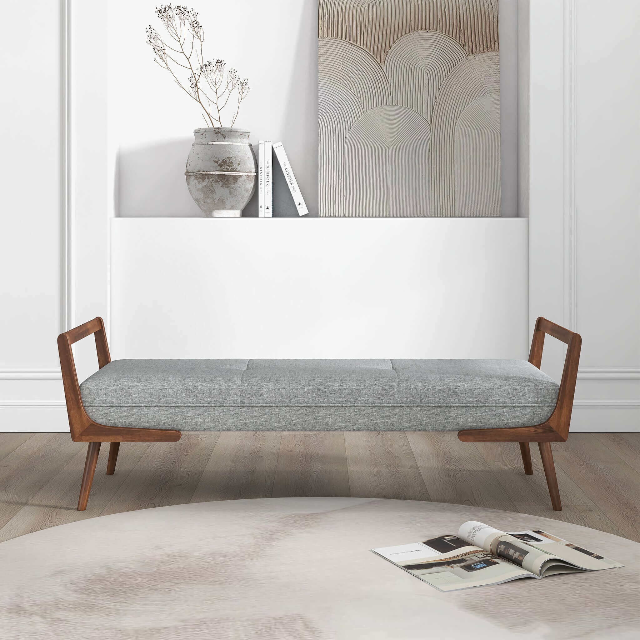 Ashcroft - Cora Mid-Century Modern Fabric Bench in Gray