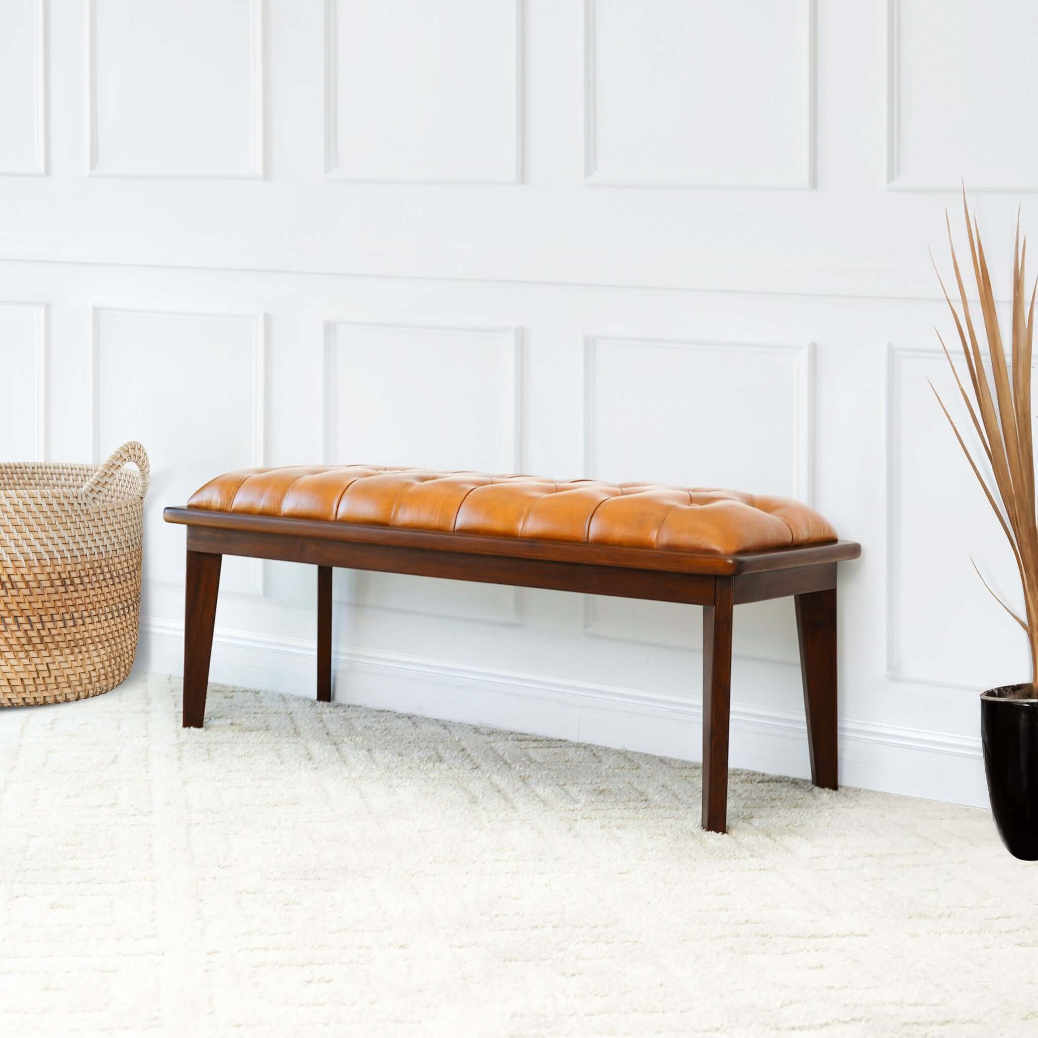 Ashcroft - Arden Leather Bench with Buttons in Tan
