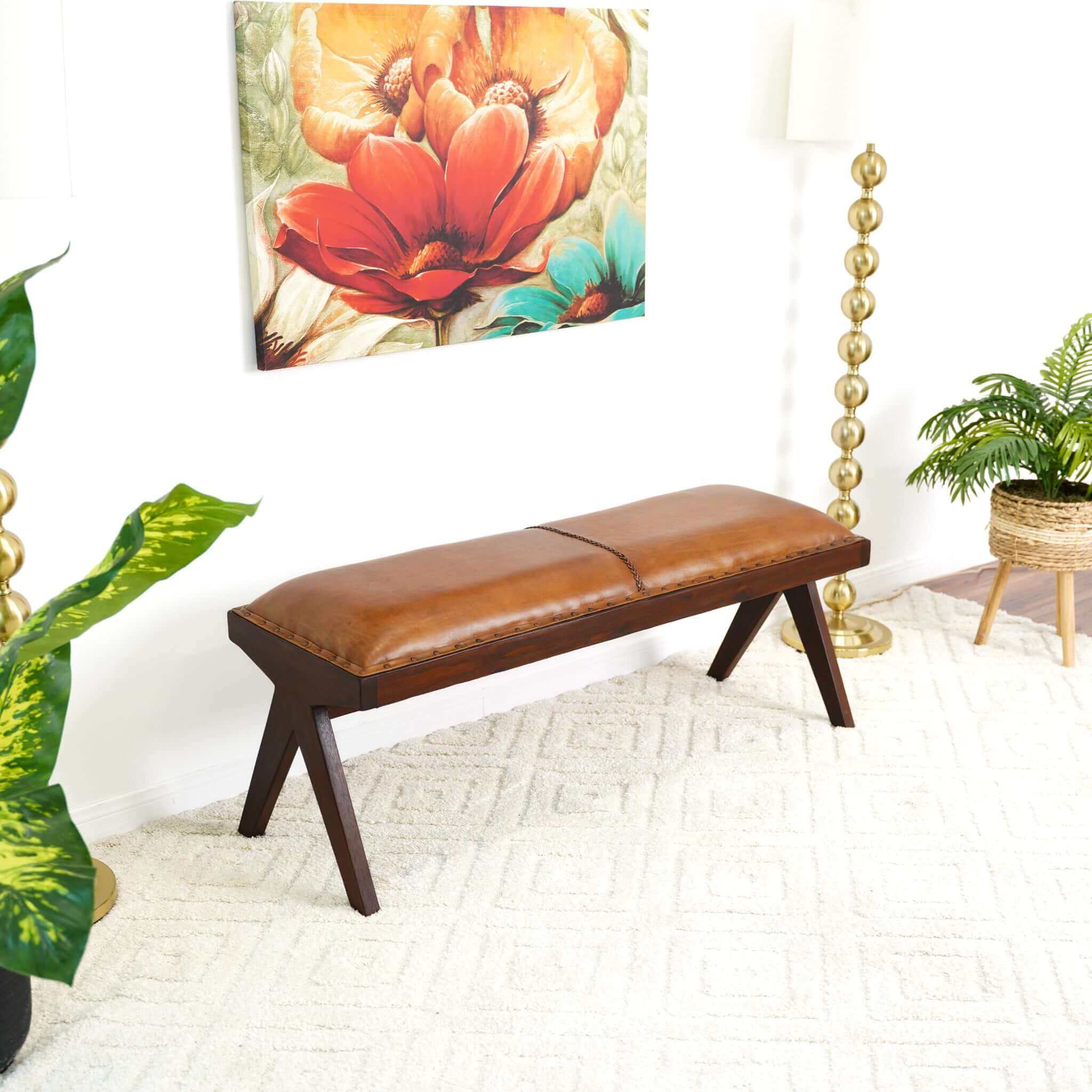 Ashcroft - Chad Mid-Century Modern Leather Bench in Tan