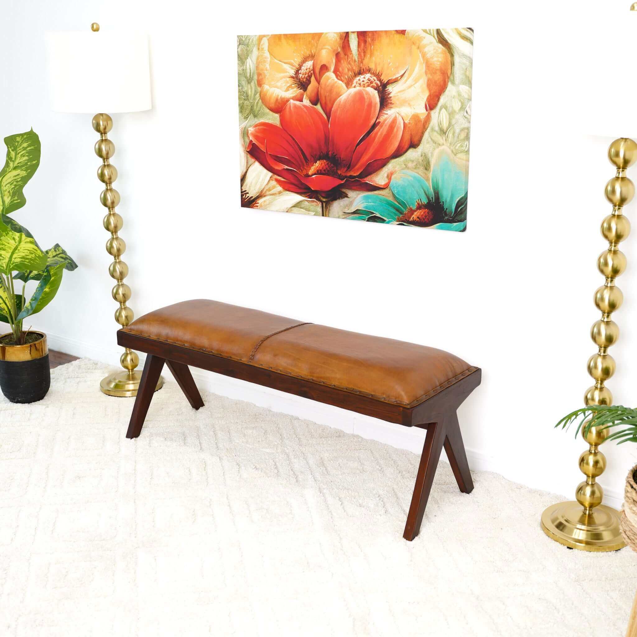 Ashcroft - Chad Mid-Century Modern Leather Bench in Tan