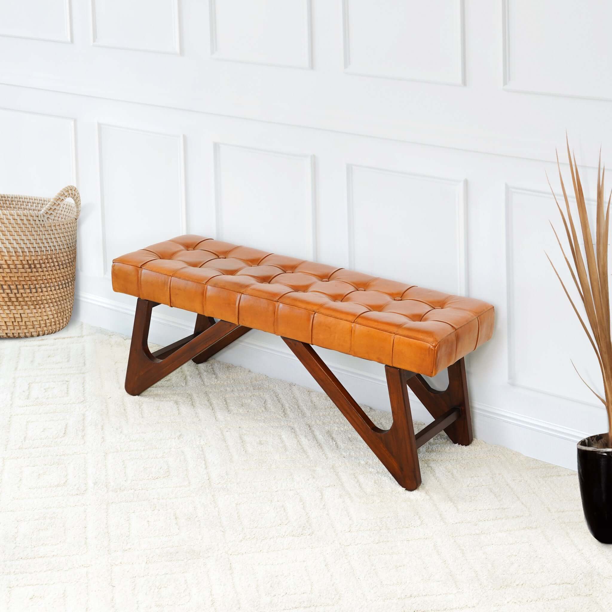 Ashcroft - Mia Leather Bench with Buttons in Tan