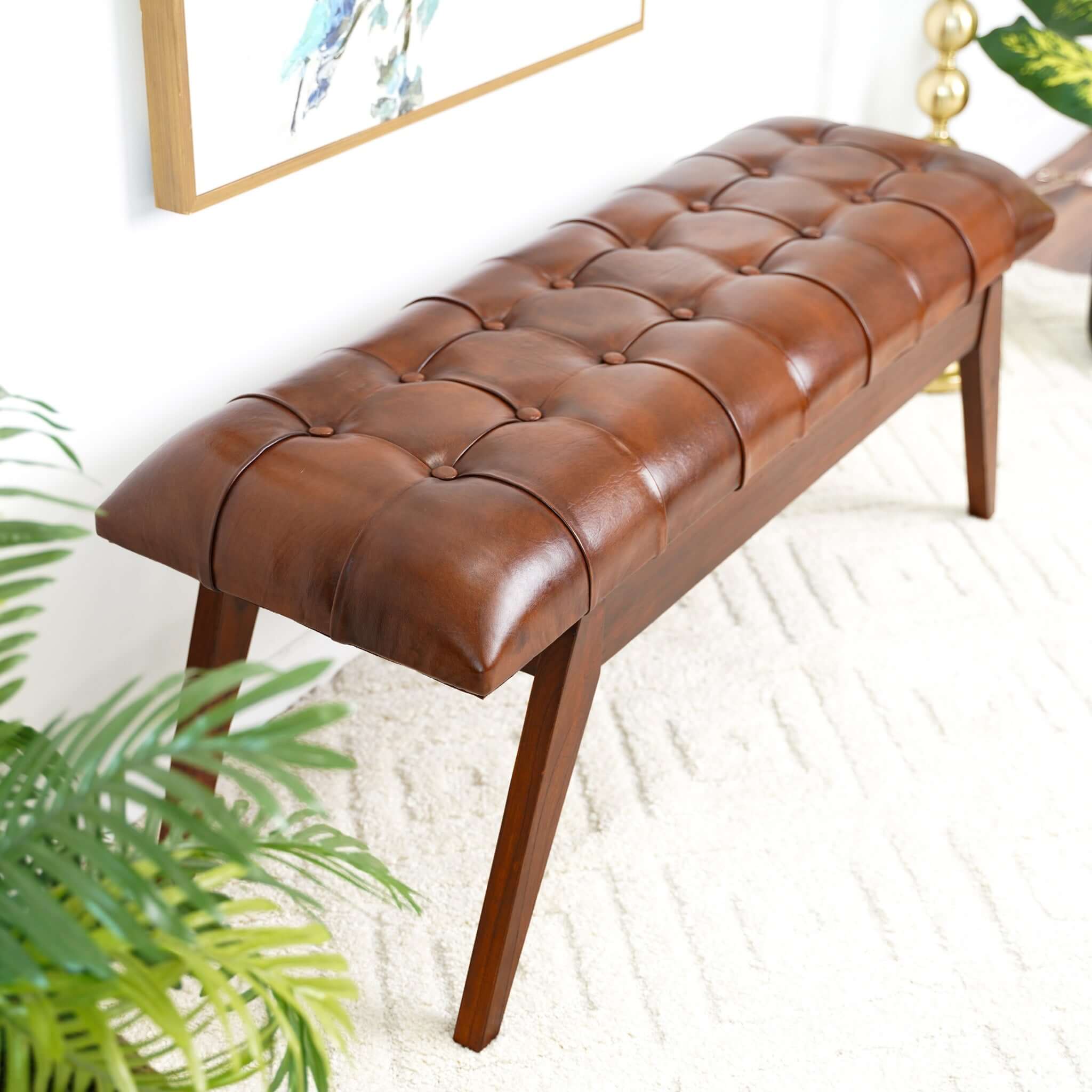 Ashcroft - Maja Mid-Century Modern Leather Bench in Tan