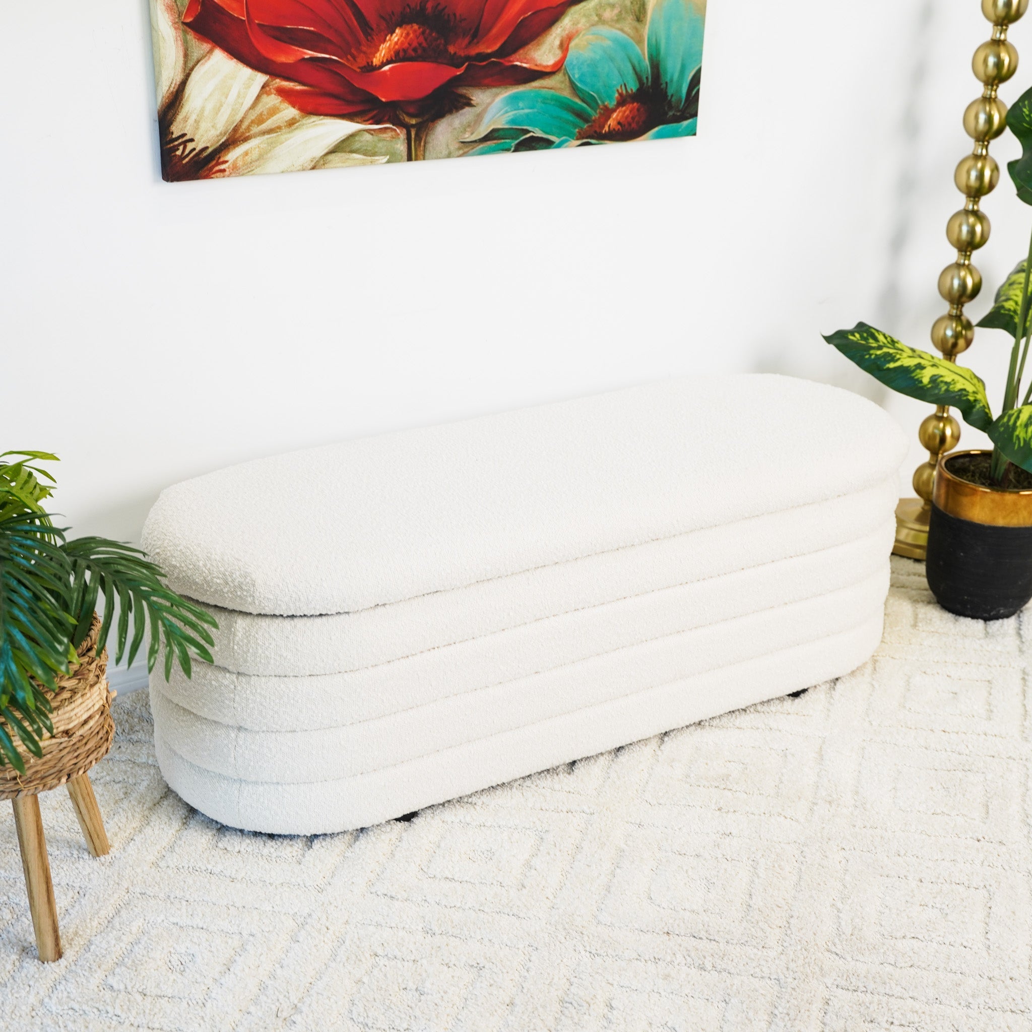 Ashcroft - Cabana White Boucle Bench w/Storage