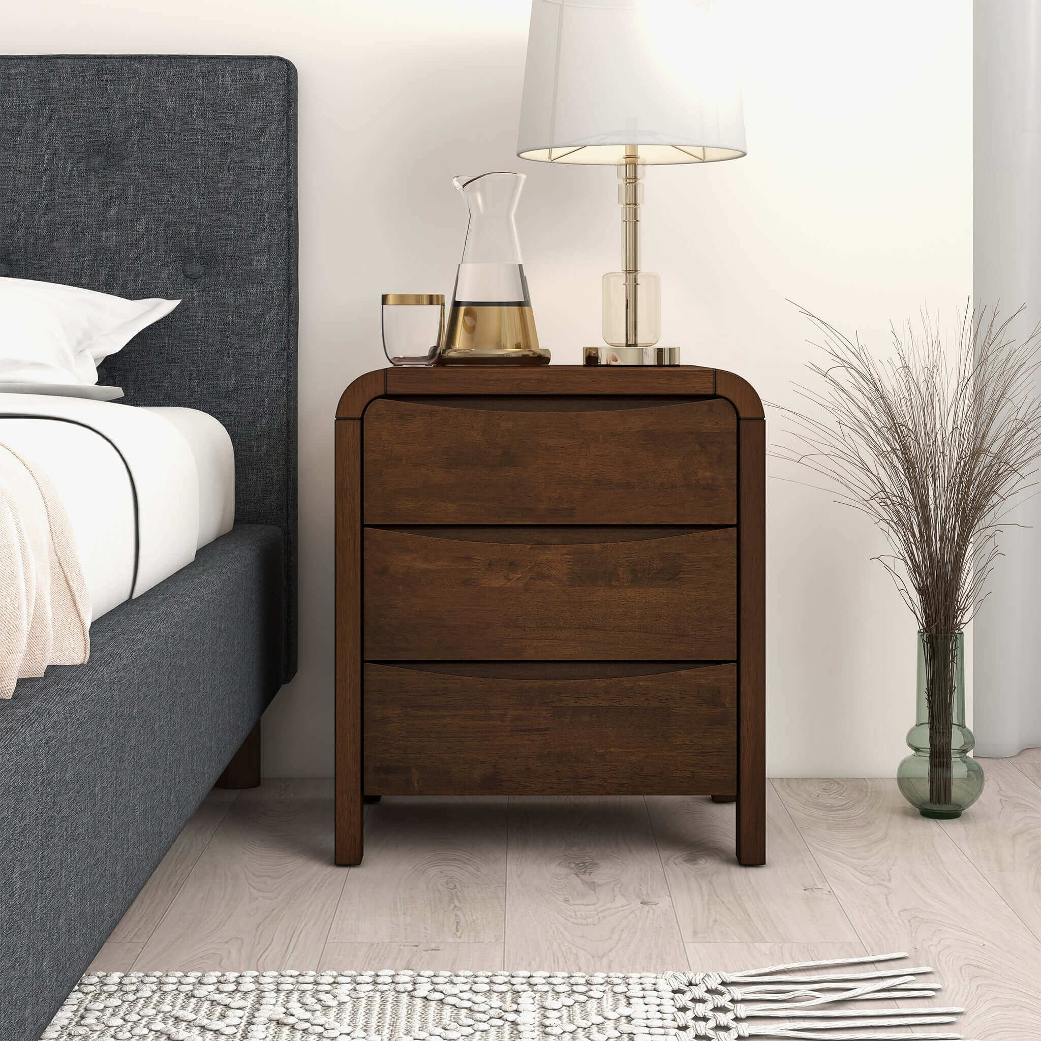 Ashcroft - Lionel Mid-Century Modern Solid Wood Nightstand Bed Side Table with 3 Drawers in Walnut