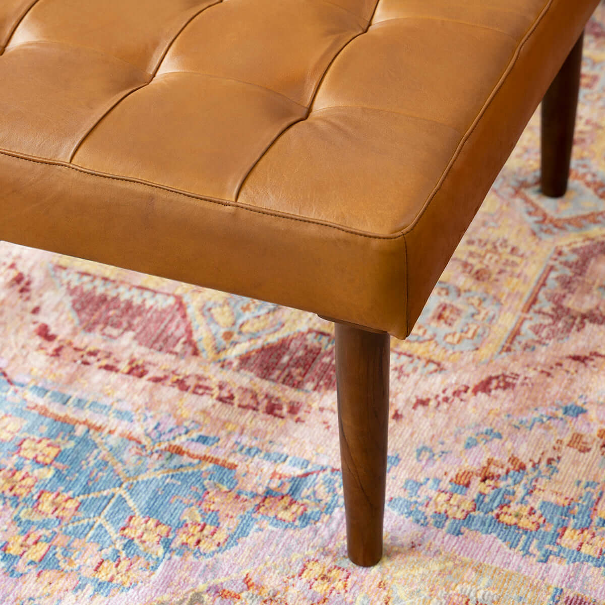 Ashcroft - Mark Mid-Century Tufted Square Genuine Leather Upholstered Ottoman in Tan
