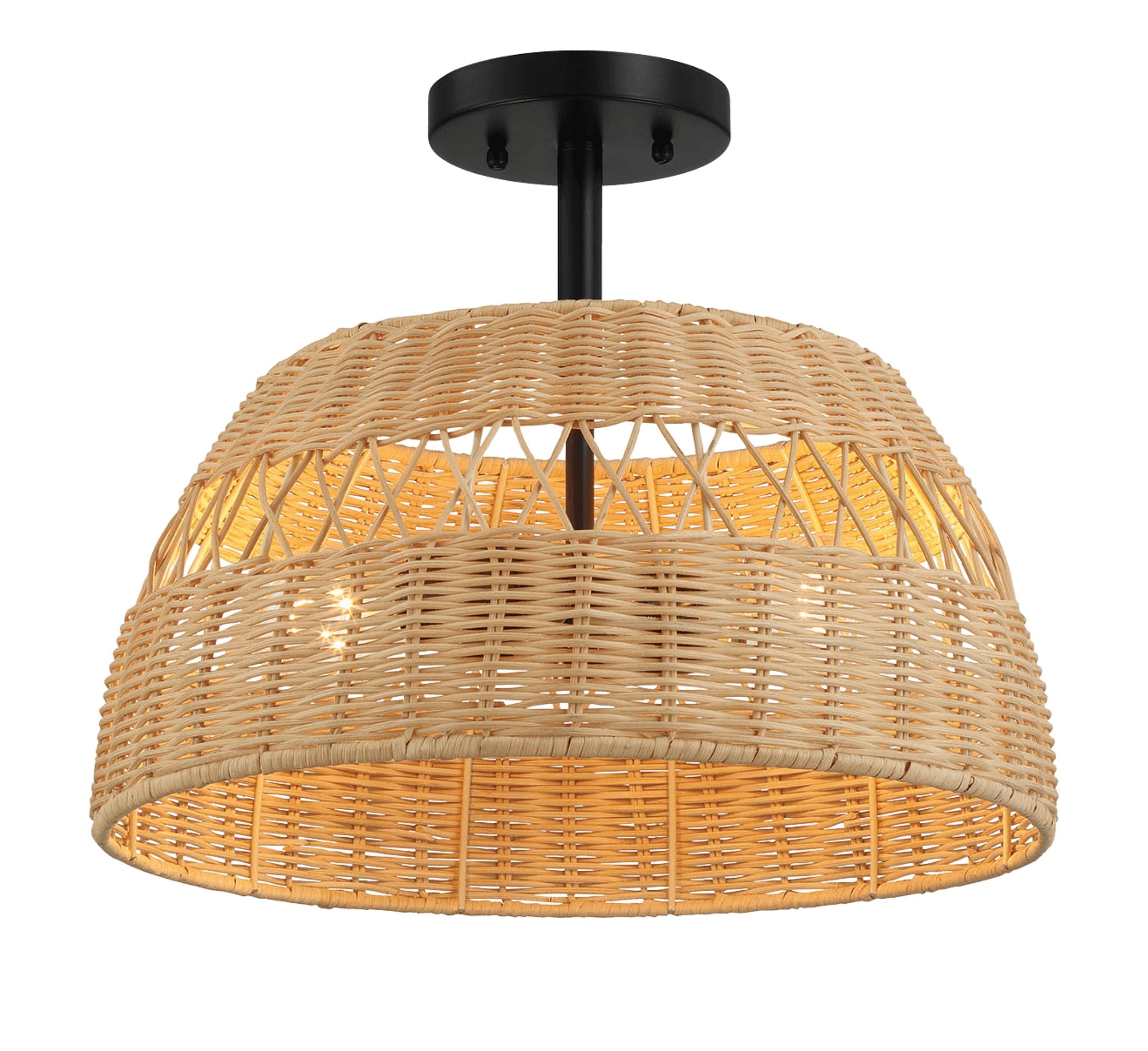 Ashcroft - Twinkle Double Lights Semi Flush With Rattan Shade Black Metal Finish for Farmhouse Style
