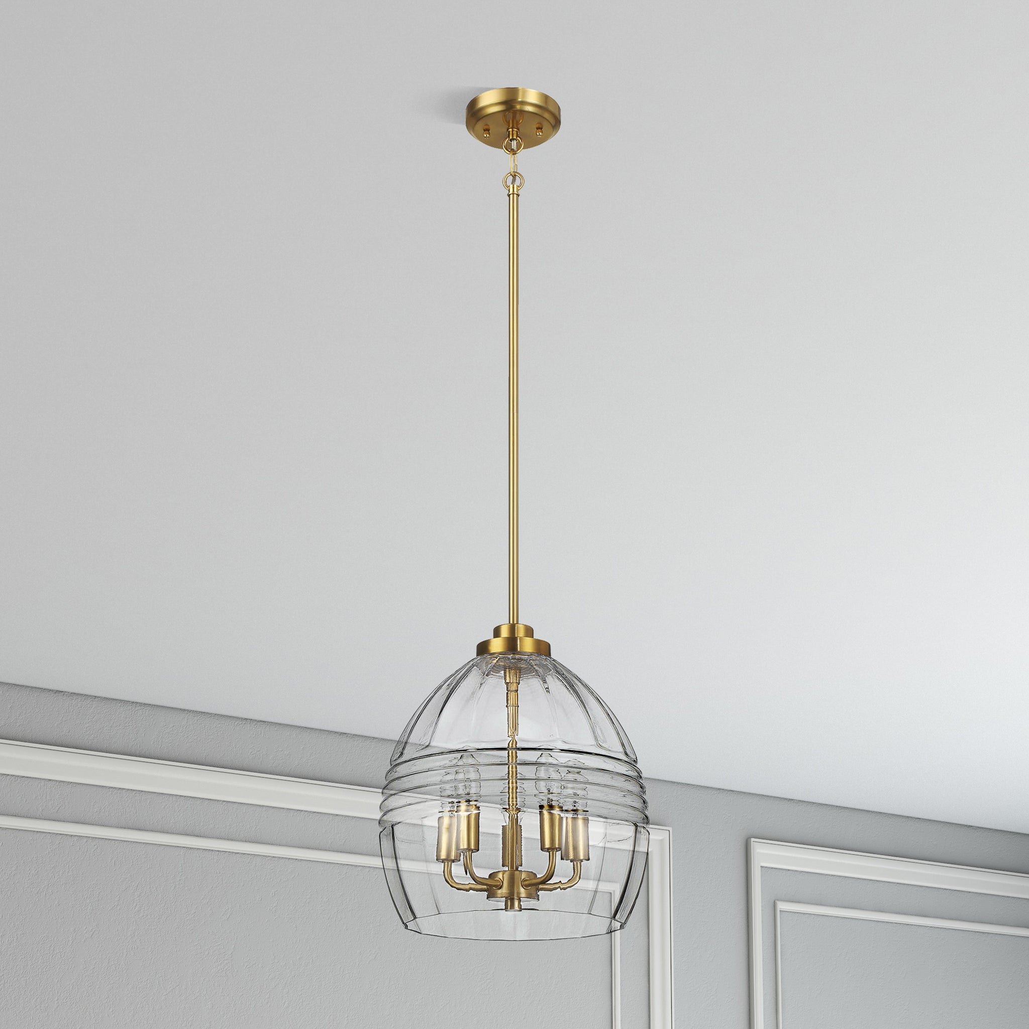 Ashcroft - Zen Five Pendant Chain Hanging Light with Clear Glass - Satin Brass