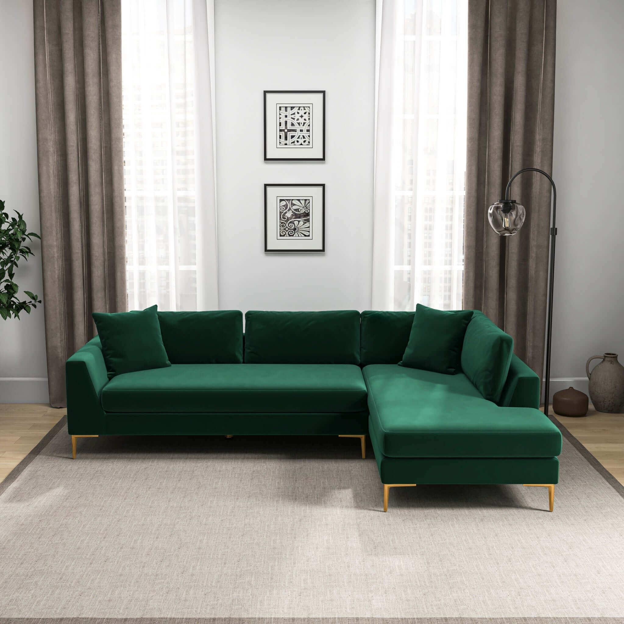 Ashcroft - Mano L-Shaped Velvet Sectional Sofa In Green Right Facing
