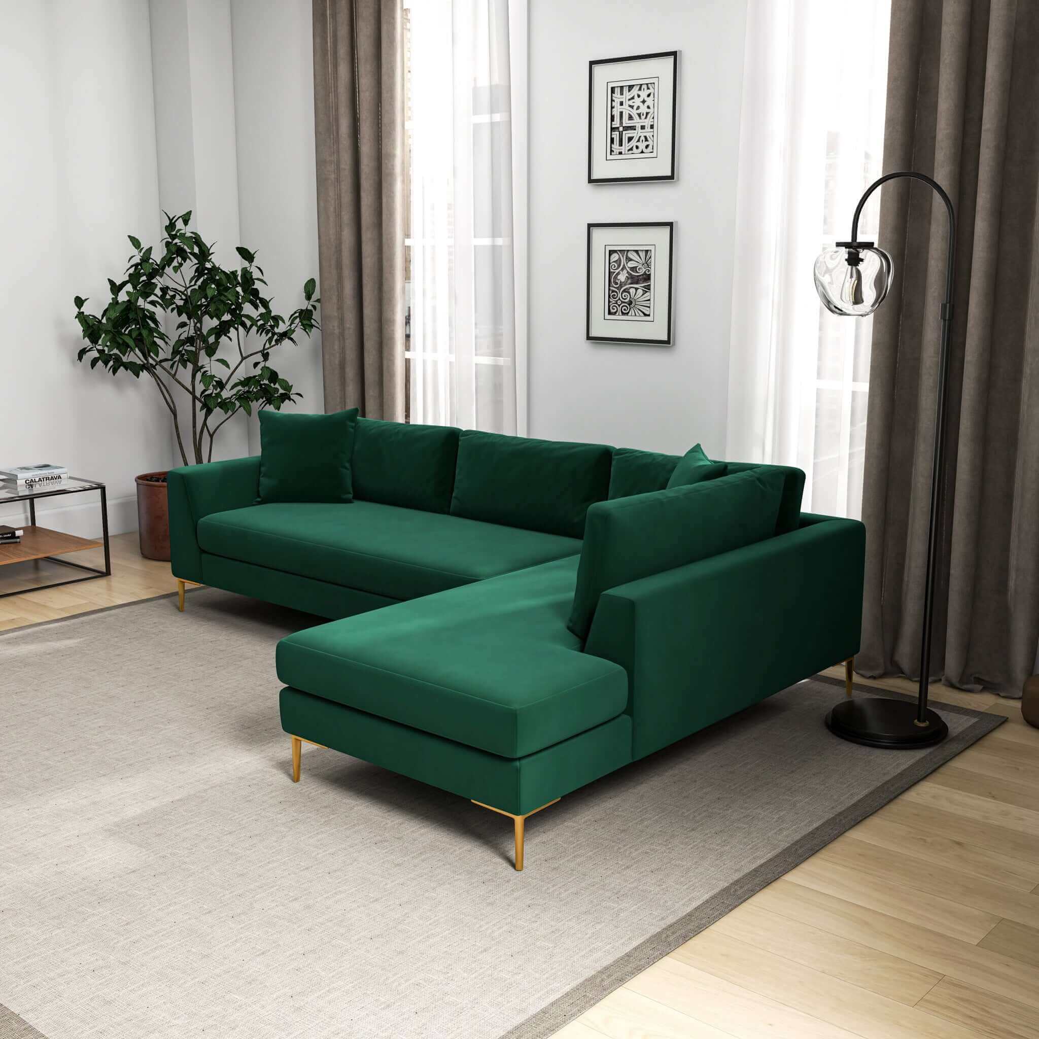 Ashcroft - Mano L-Shaped Velvet Sectional Sofa In Green Right Facing
