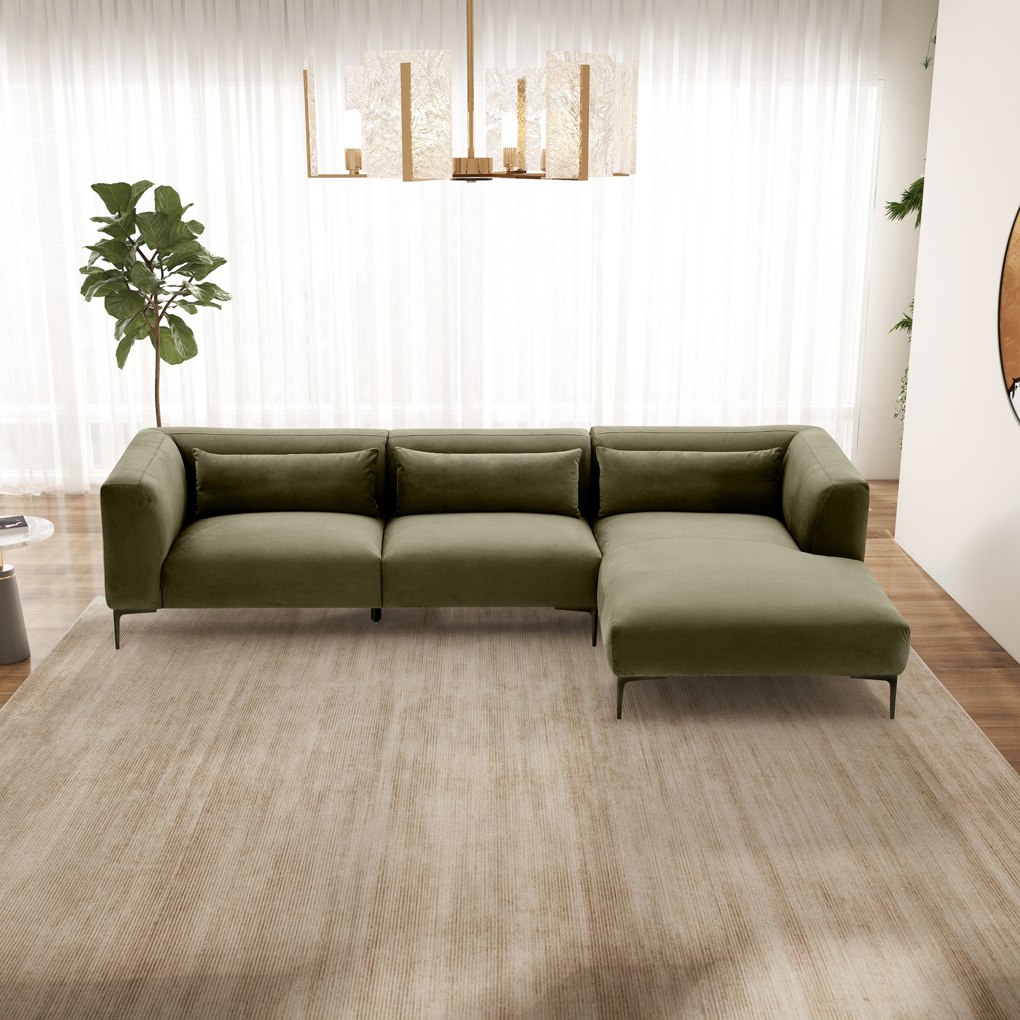 Ashcroft - Laley Right-Facing L-Shaped Velvet Sectional in Green