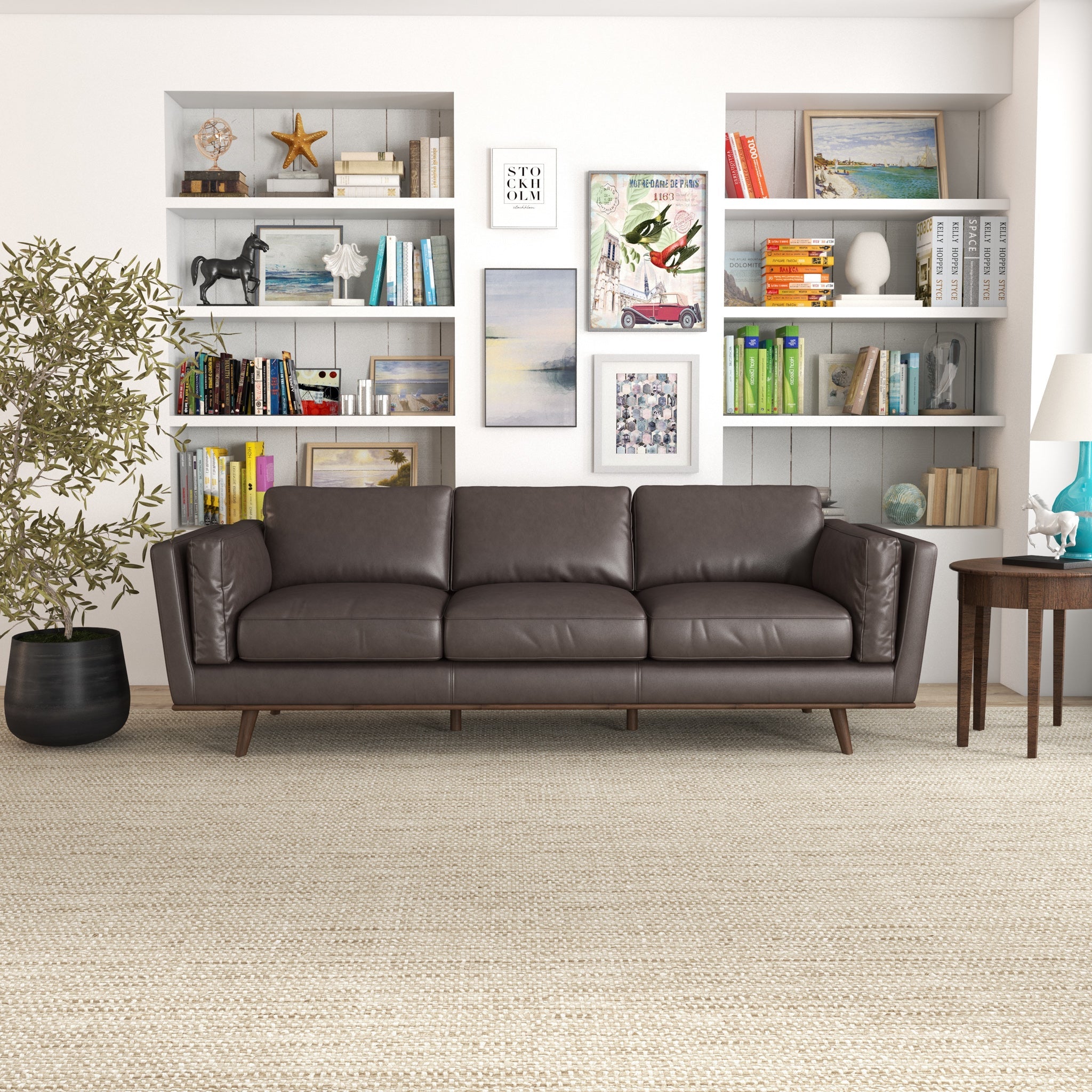 Ashcroft - Chase Mid-Century Modern Genuine Leather Sofa