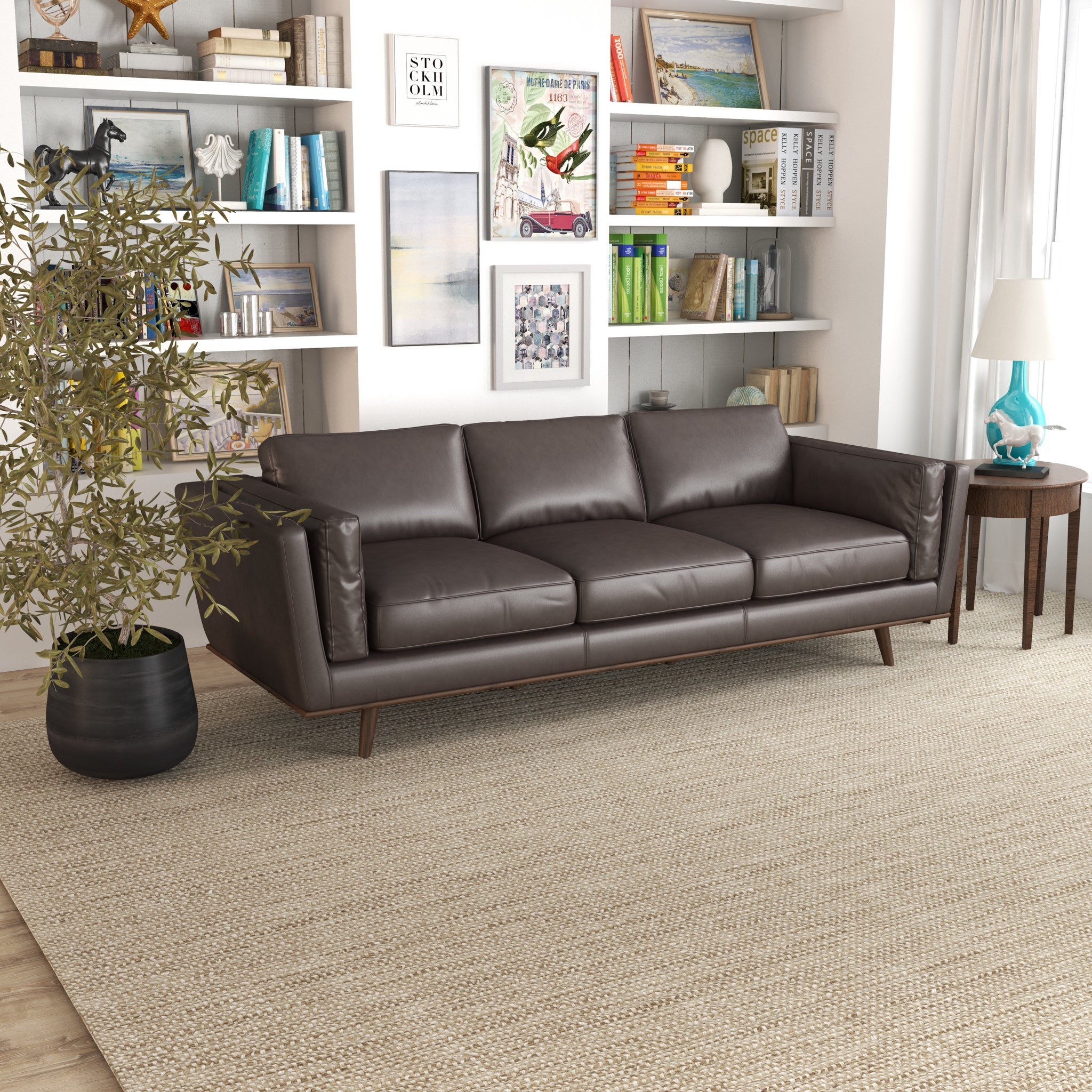Ashcroft - Chase Mid-Century Modern Genuine Leather Sofa