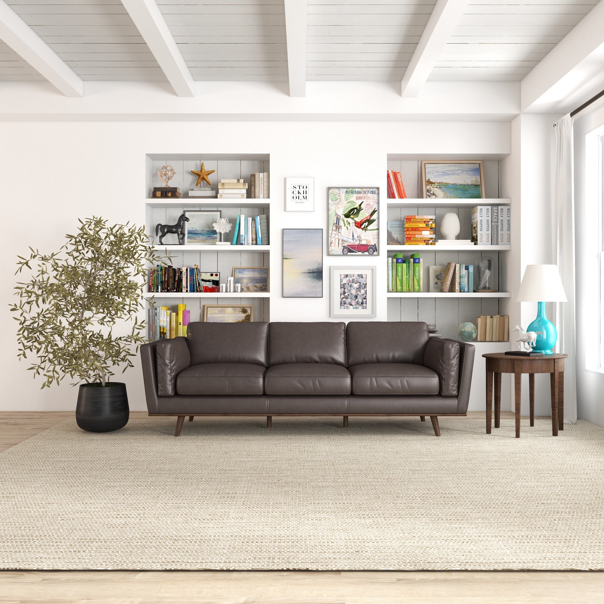 Ashcroft - Chase Mid-Century Modern Genuine Leather Sofa