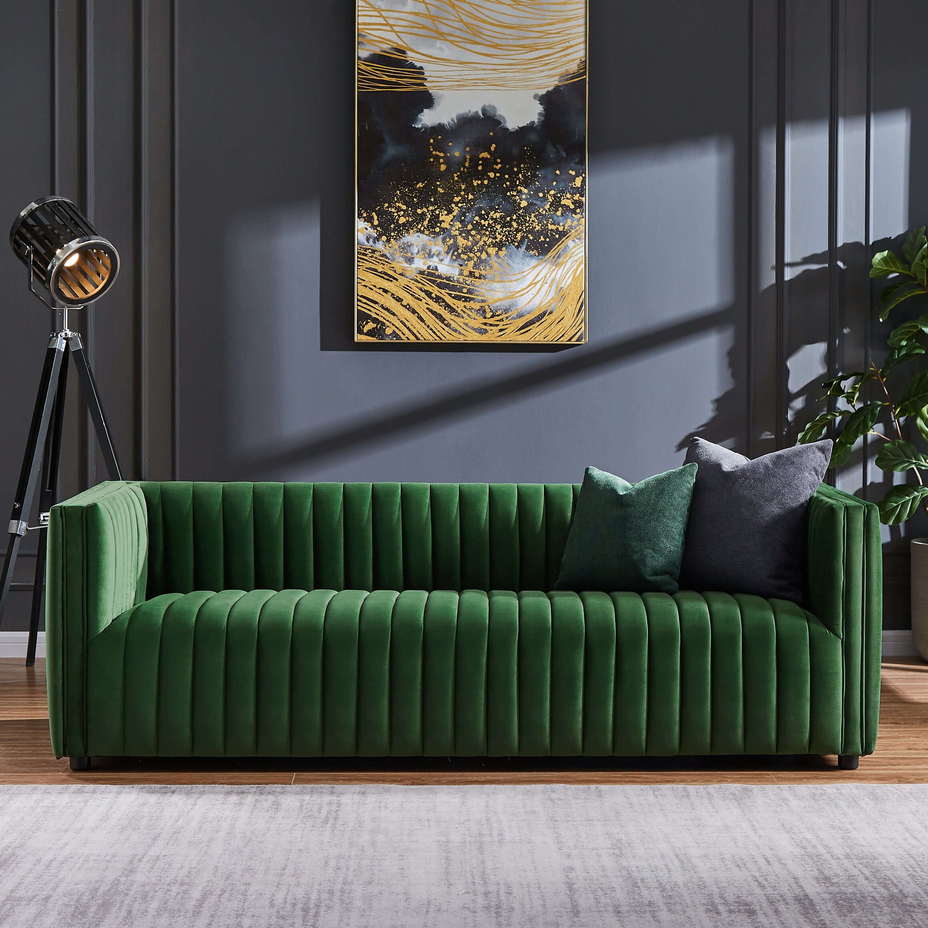 Ashcroft - Dominic Channel Tufted Velvet Sofa in Green