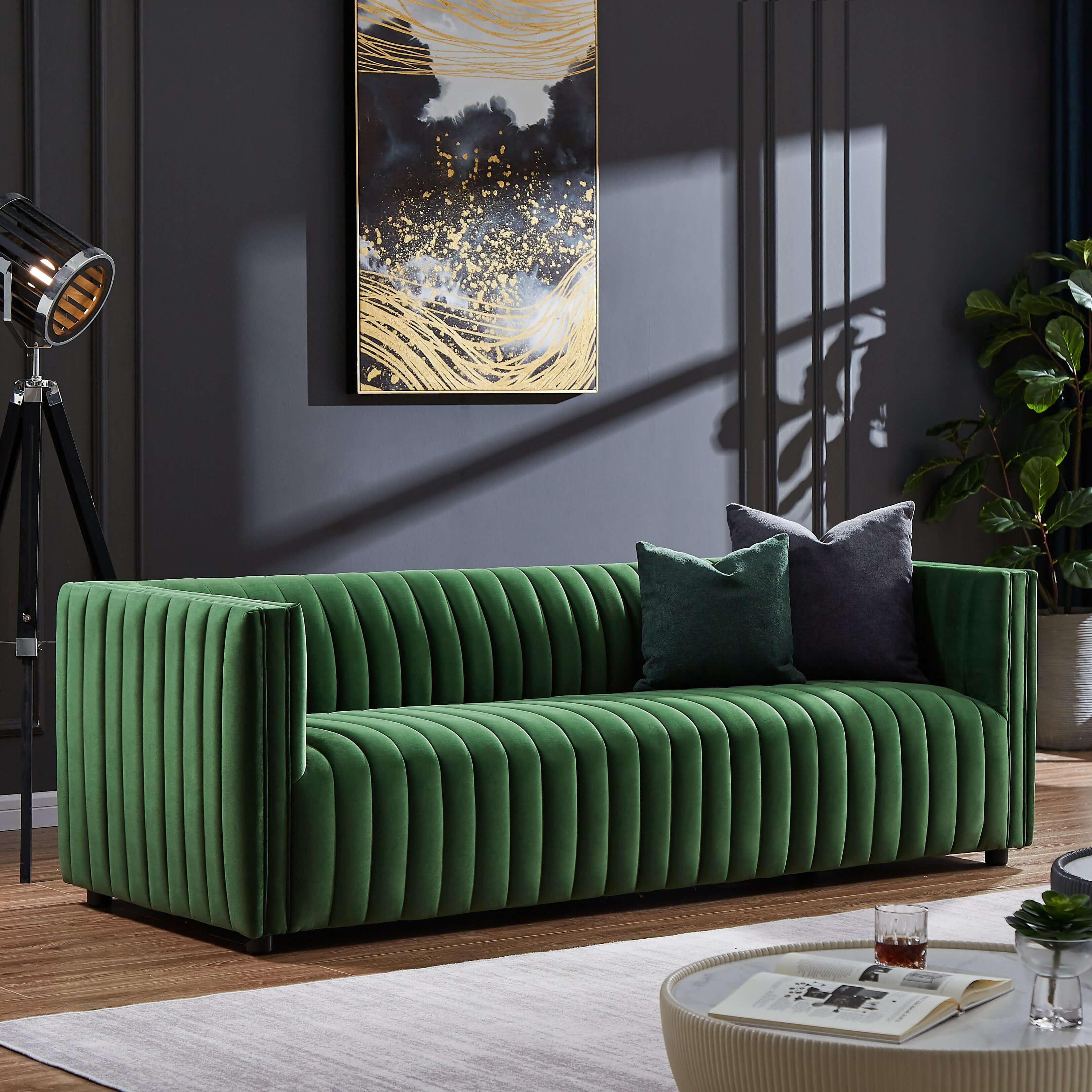 Ashcroft - Dominic Channel Tufted Velvet Sofa in Green