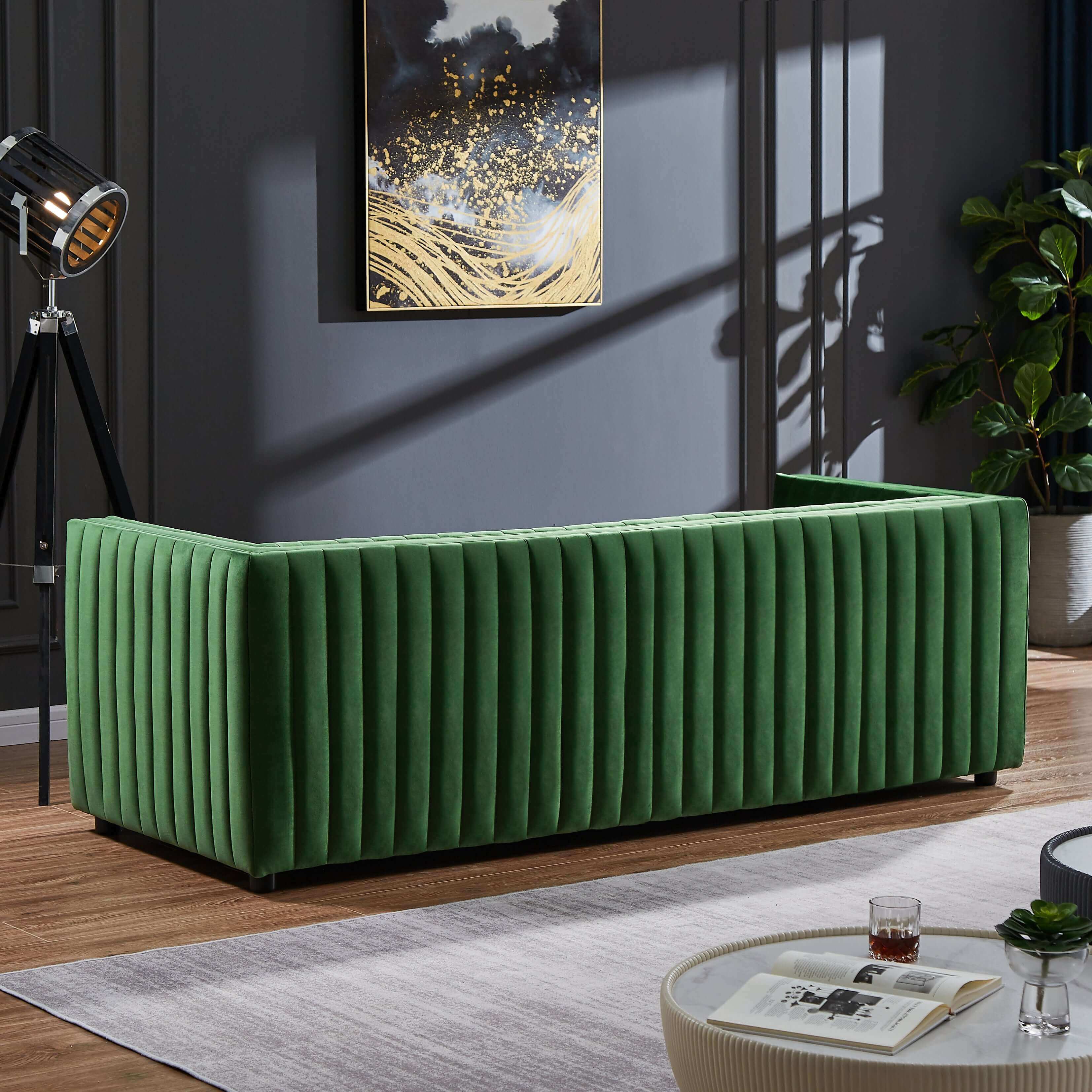 Ashcroft - Dominic Channel Tufted Velvet Sofa in Green