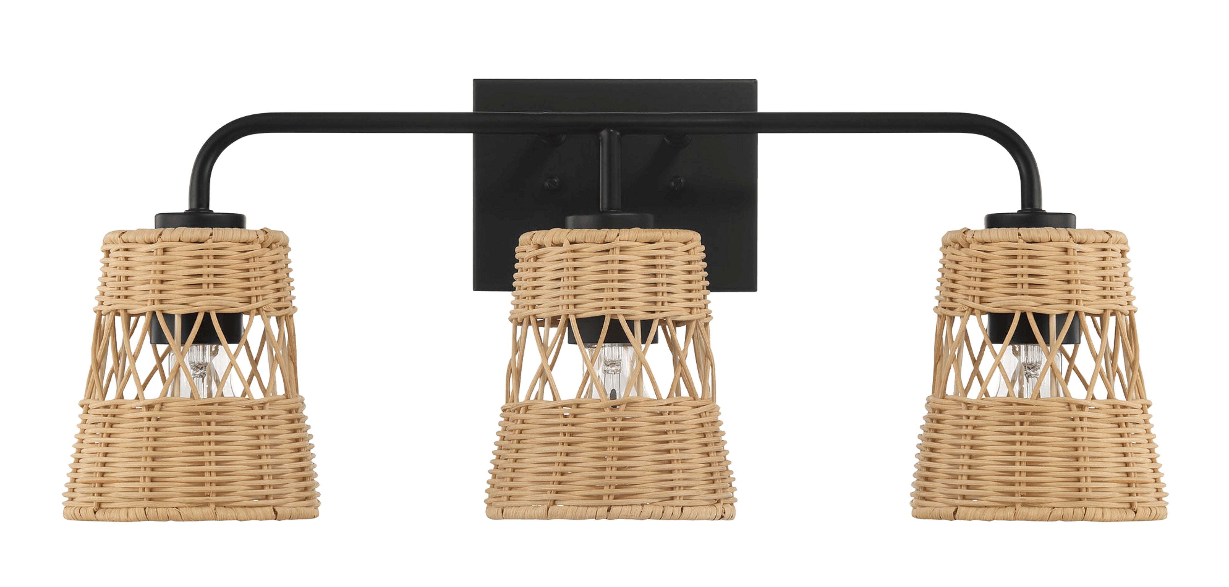 Ashcroft - Moonlit Three Lights Wall Sconce With Rattan Shade, Bathroom Lighting Fixtures Over Mirror