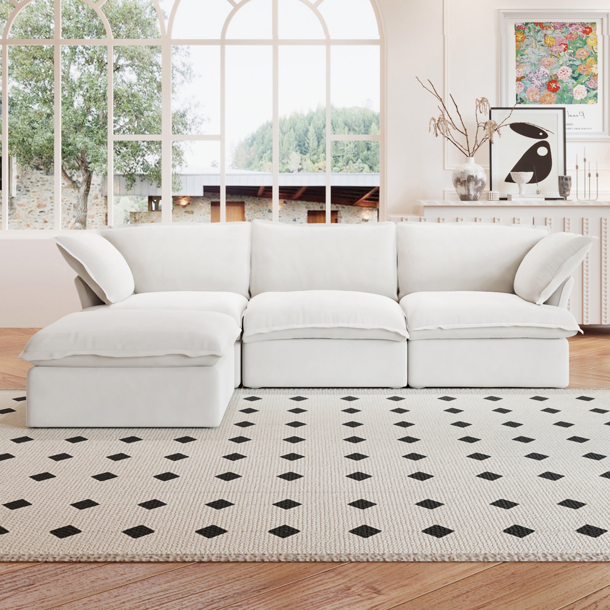 Crenus - Softspot 122.82" Linen Sectional Sofa-3 Seats with 1 Ottoman