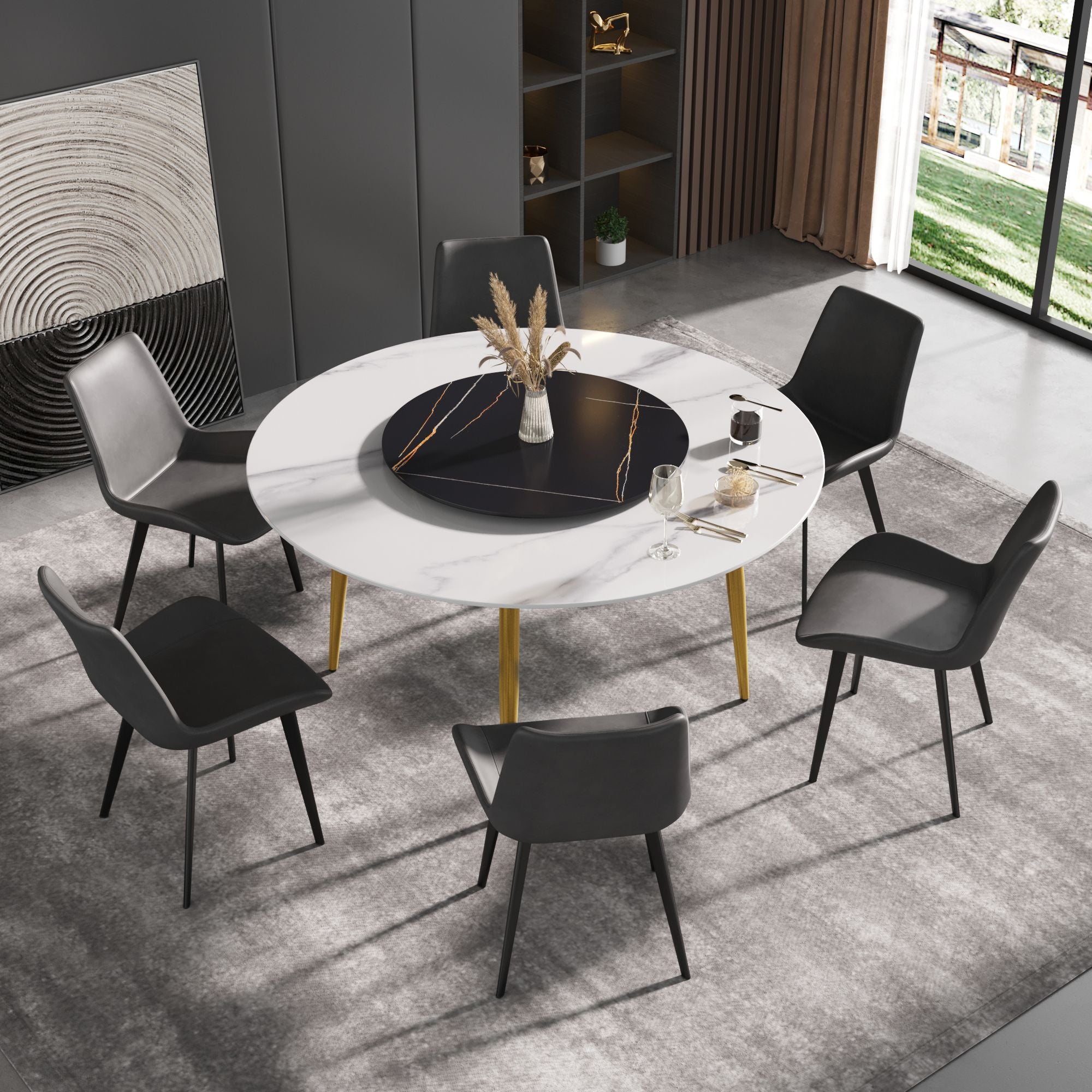 Crenus - Round Dining Table with Black Lazy Susan