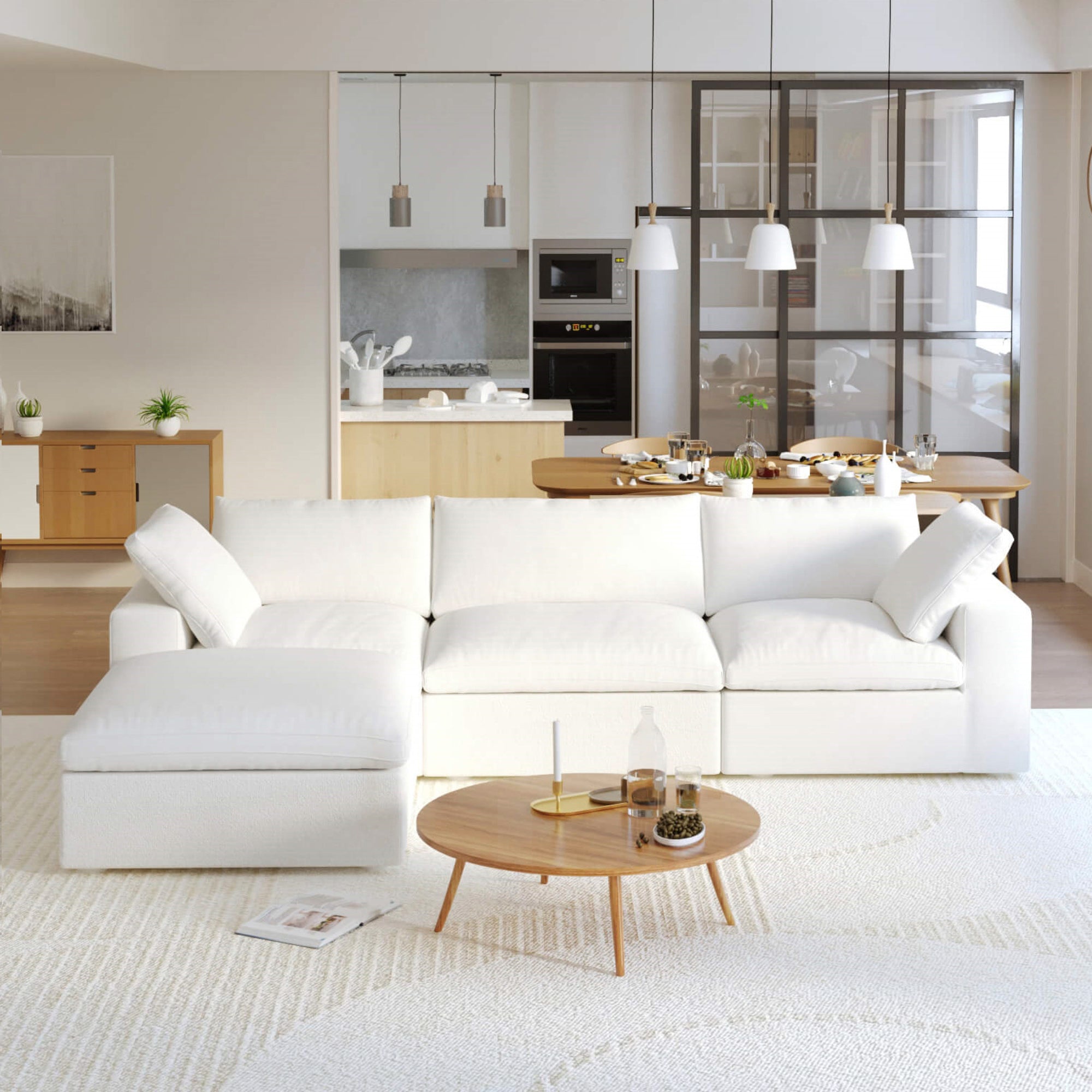 Crenus - Cloud 120.45" Sectional Sofa-L Shaped with Ottoman Removable Sofa Cover