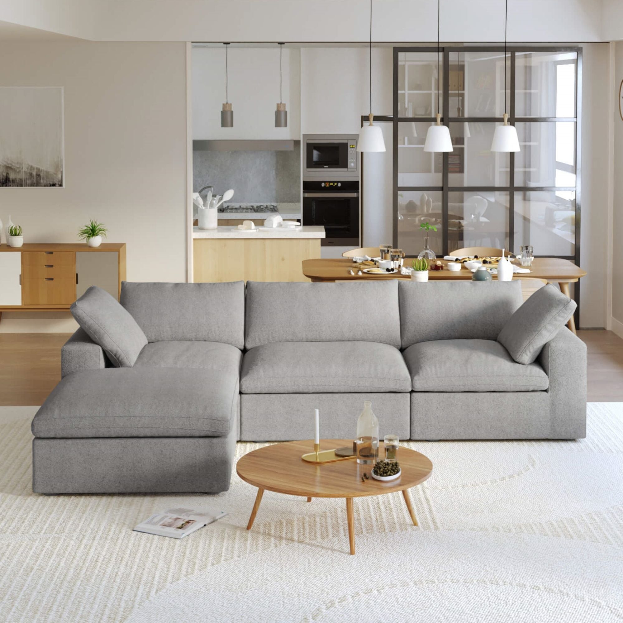 Crenus - Cloud 120.45" Sectional Sofa-L Shaped with Ottoman Removable Sofa Cover