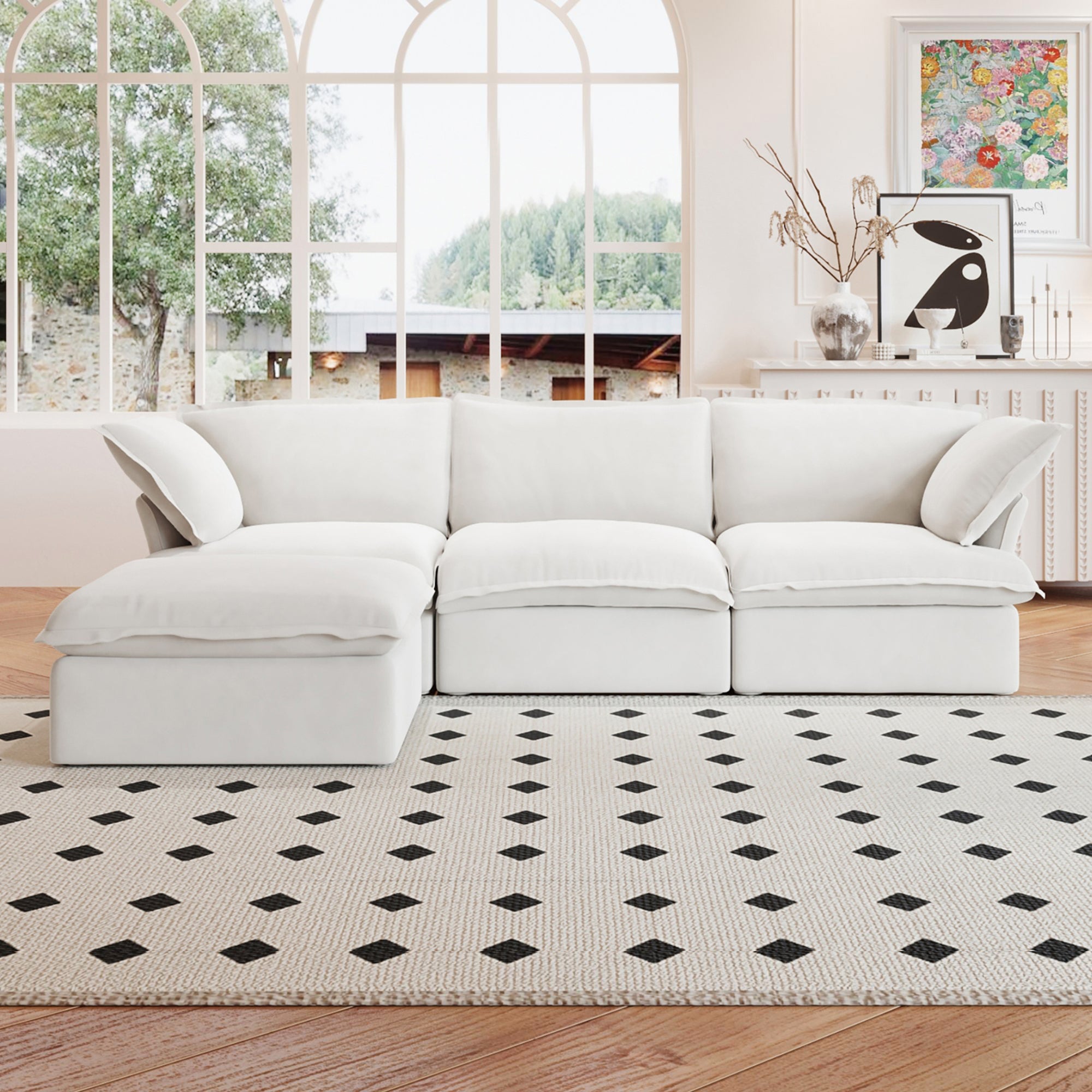 Crenus - Softspot 122.82" Linen Sectional Sofa-3 Seats with 1 Ottoman
