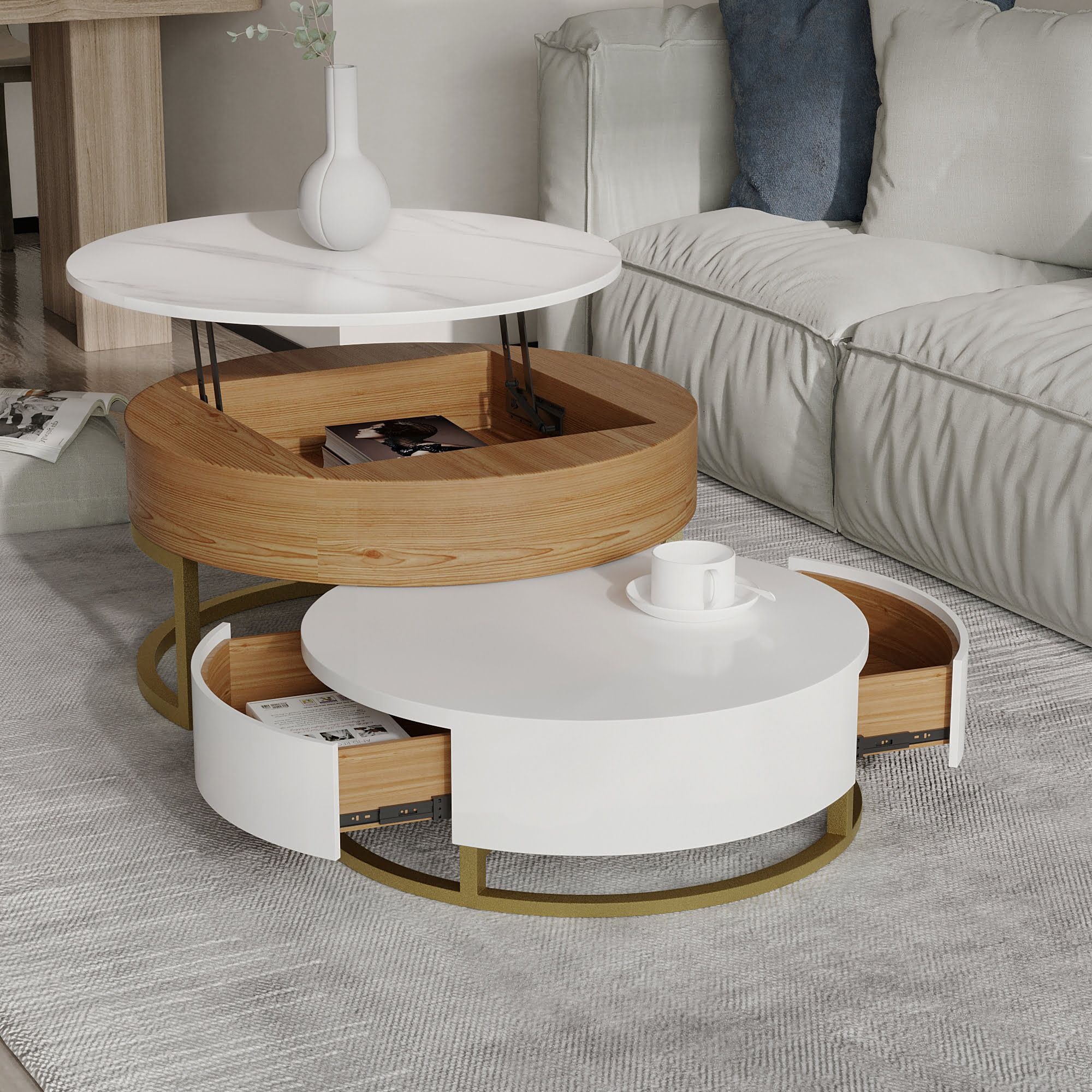 Crenus - Dolce Vita 31.5"-27.56" Round Lift-Top Wood Coffee Table