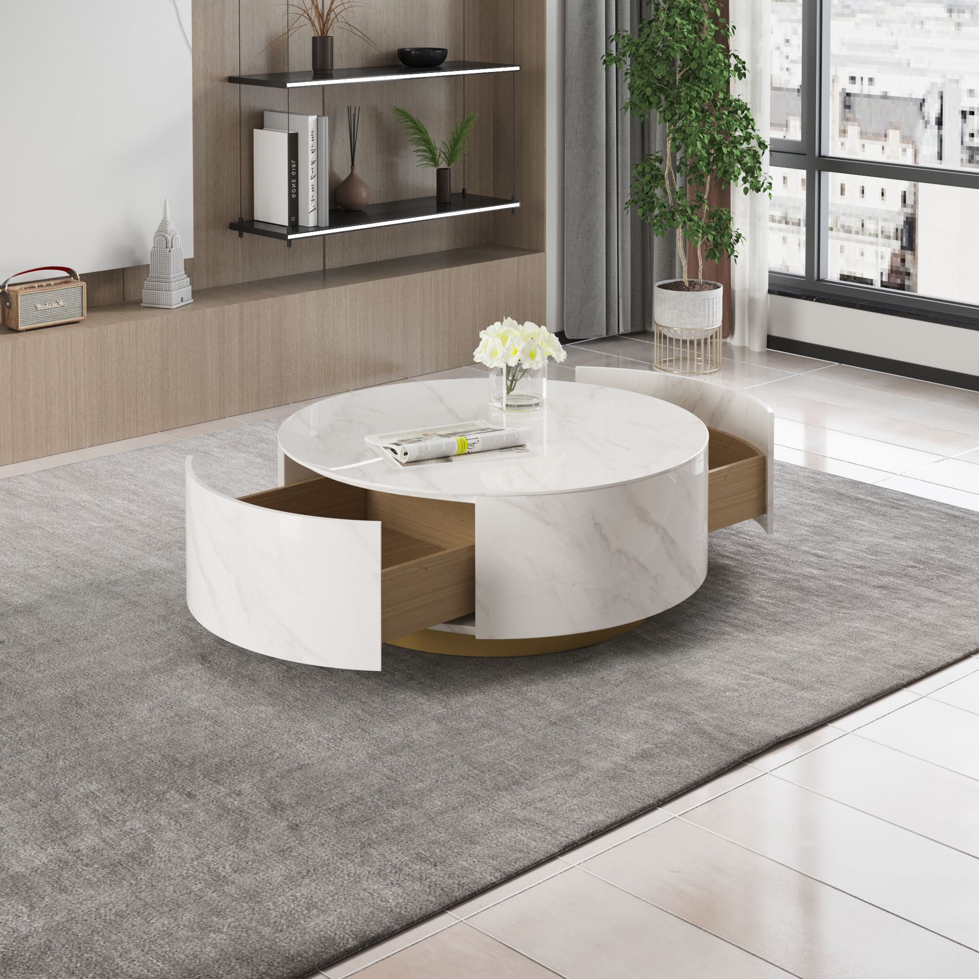 Crenus - Dolce 33.47" Marble/Wood Round Coffee Table