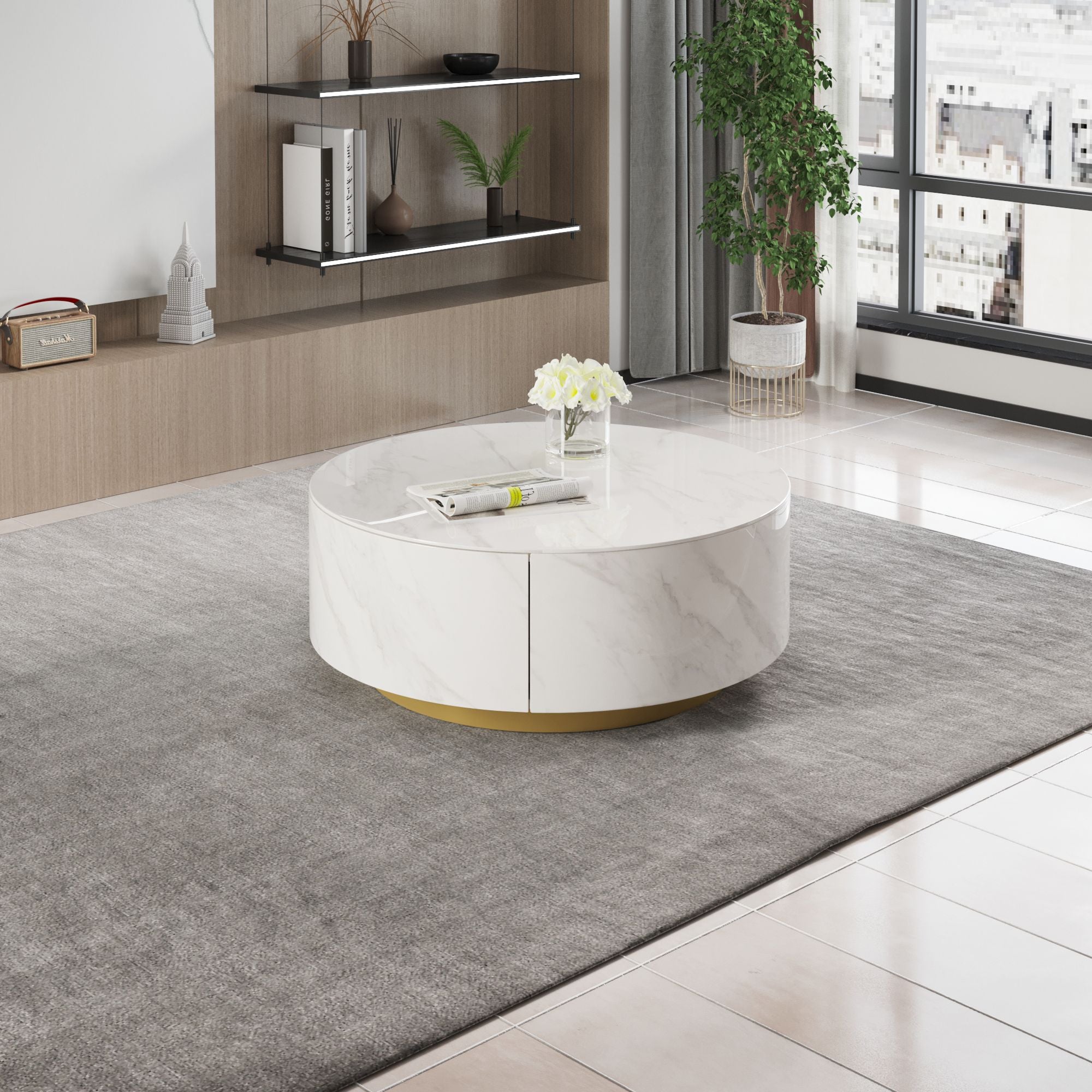 Crenus - Dolce 33.47" Marble/Wood Round Coffee Table
