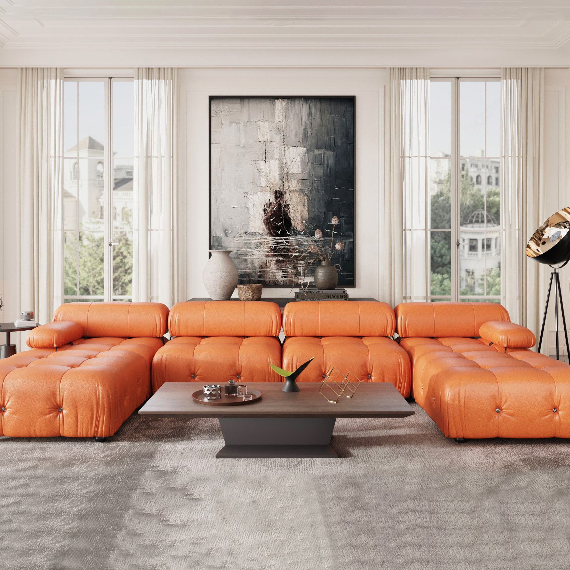 Crenus - Lusso 138.60" U-Shaped Leather Sectional Sofa Lounge With 2 Ottomans
