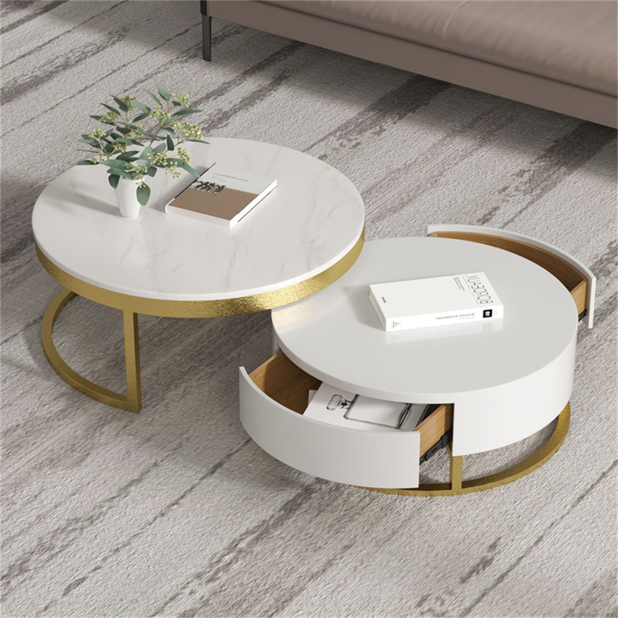 Crenus - Pausa 27.56" Round Nesting Wood Coffee Table