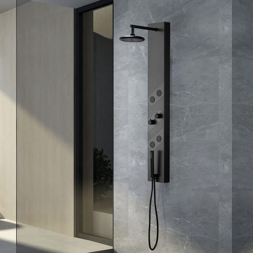 HMR - 55" Black Rainfall Shower Panel with Handheld Shower Adjustable Showerhead & Body Jets