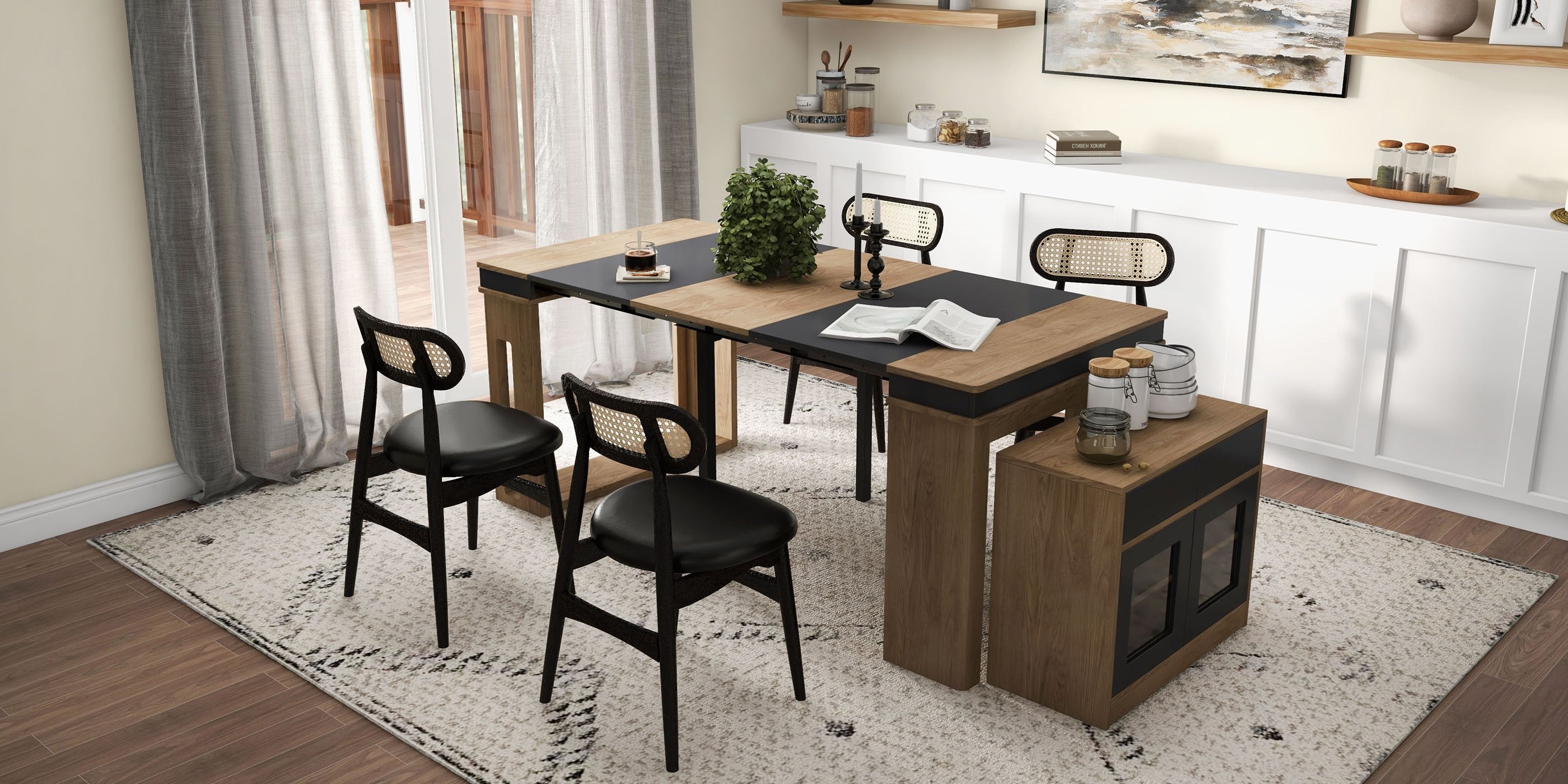 HMR - 70.9" Rectangle Folding Wood Dining Table with Sideboard (Seats 2-4 People)