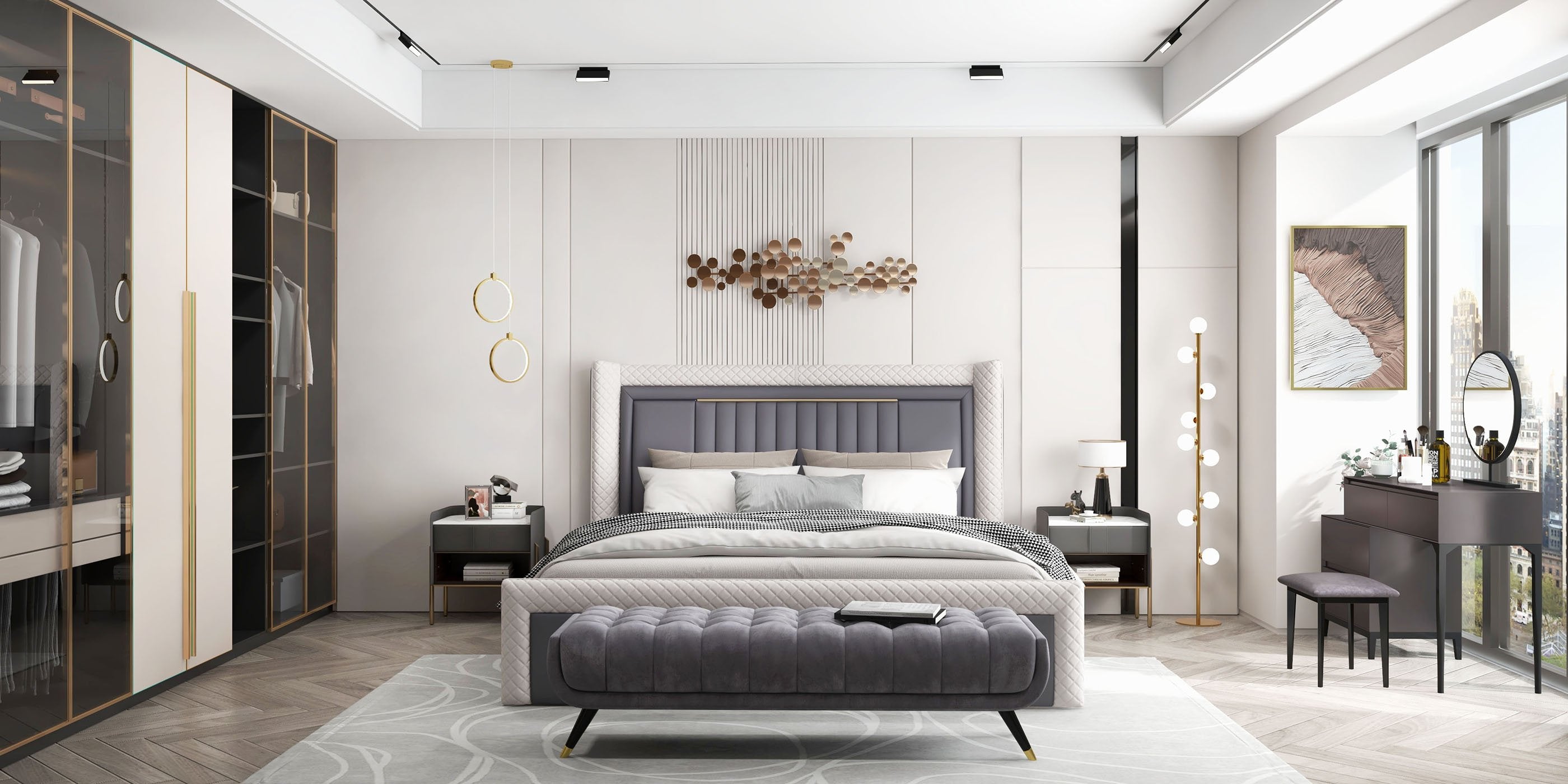 HMR - Modern Upholstered Bed Platform Bed Frame with Wingback Headboard