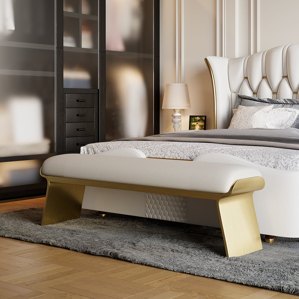 HMR - Upart Beige Modern Stainless Steel Bench Leath-Aire Upholstered Bedroom Long Bench