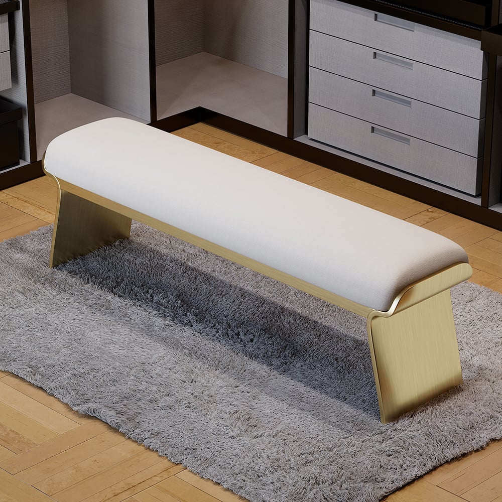HMR - Upart Beige Modern Stainless Steel Bench Leath-Aire Upholstered Bedroom Long Bench