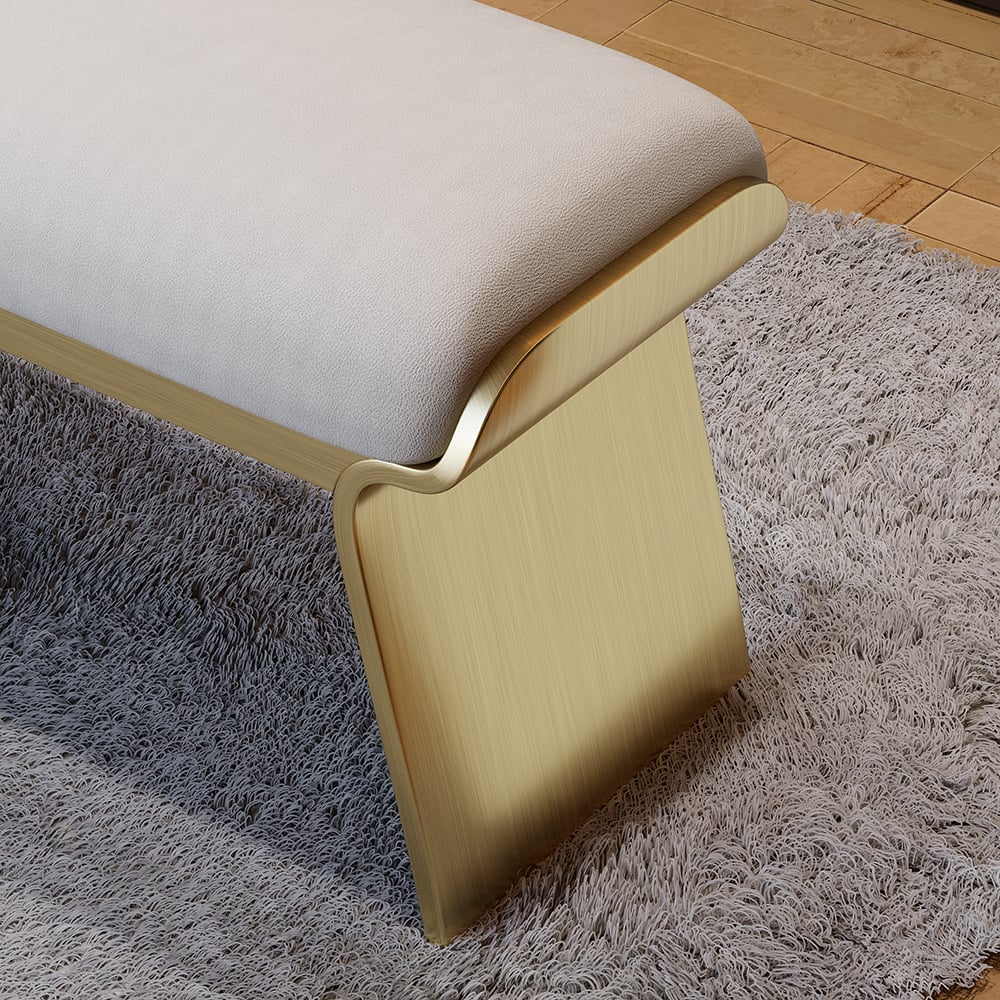 HMR - Upart Beige Modern Stainless Steel Bench Leath-Aire Upholstered Bedroom Long Bench