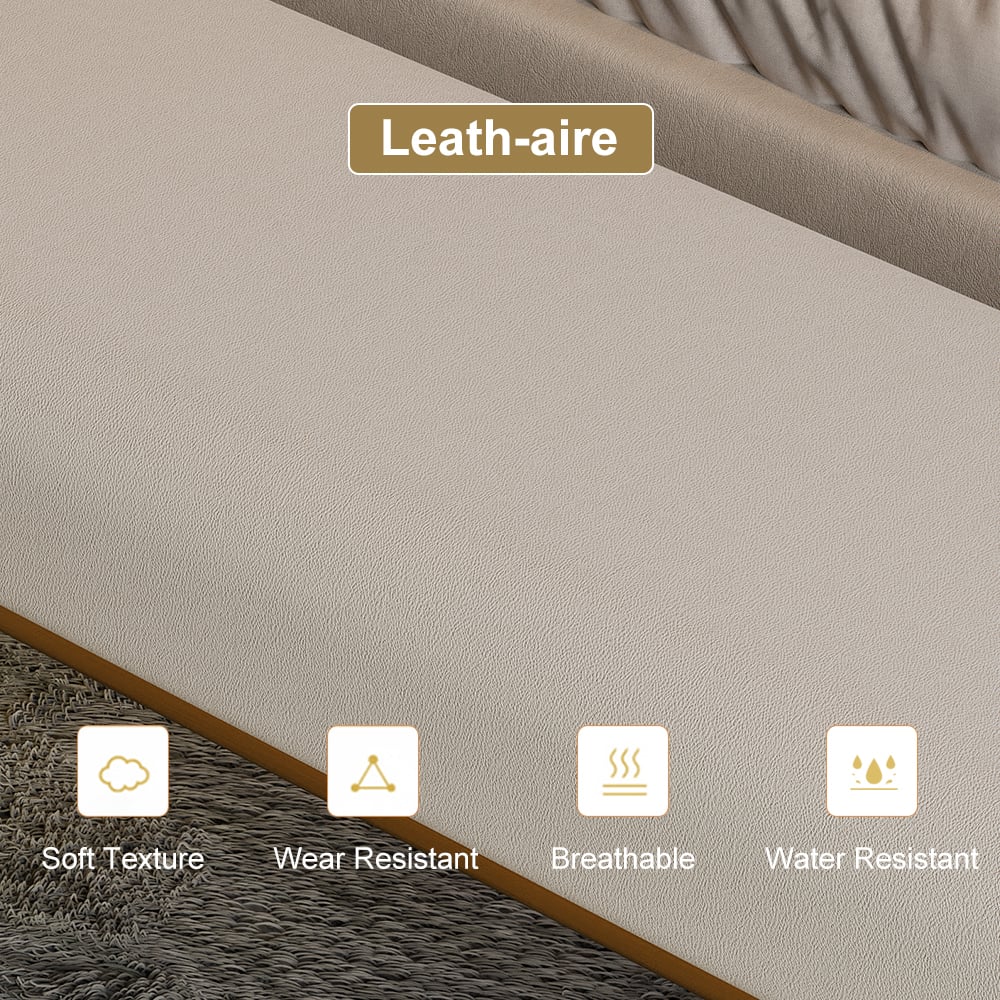 HMR - Upart Beige Modern Stainless Steel Bench Leath-Aire Upholstered Bedroom Long Bench
