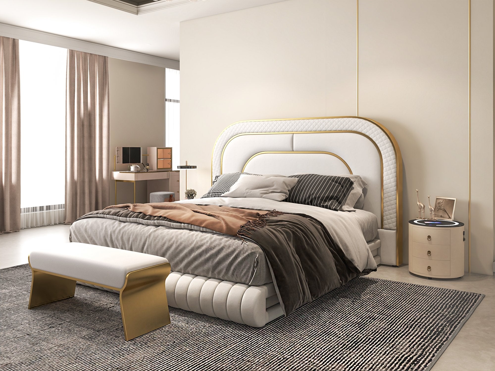 HMR - Upart Beige Modern Stainless Steel Bench Leath-Aire Upholstered Bedroom Long Bench