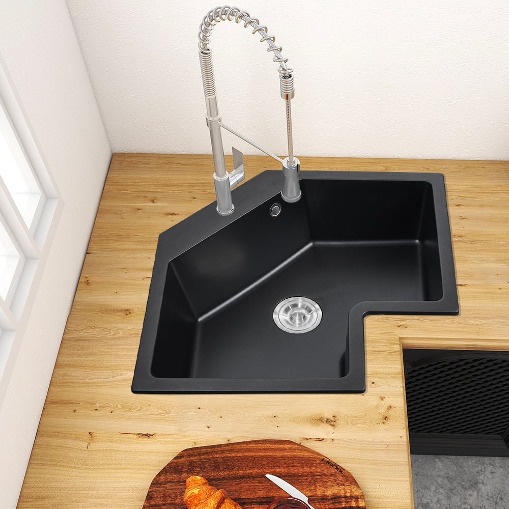 HMR - 25" Drop In Corner Kitchen Modern Single Bowl Quartz Irregular Sink