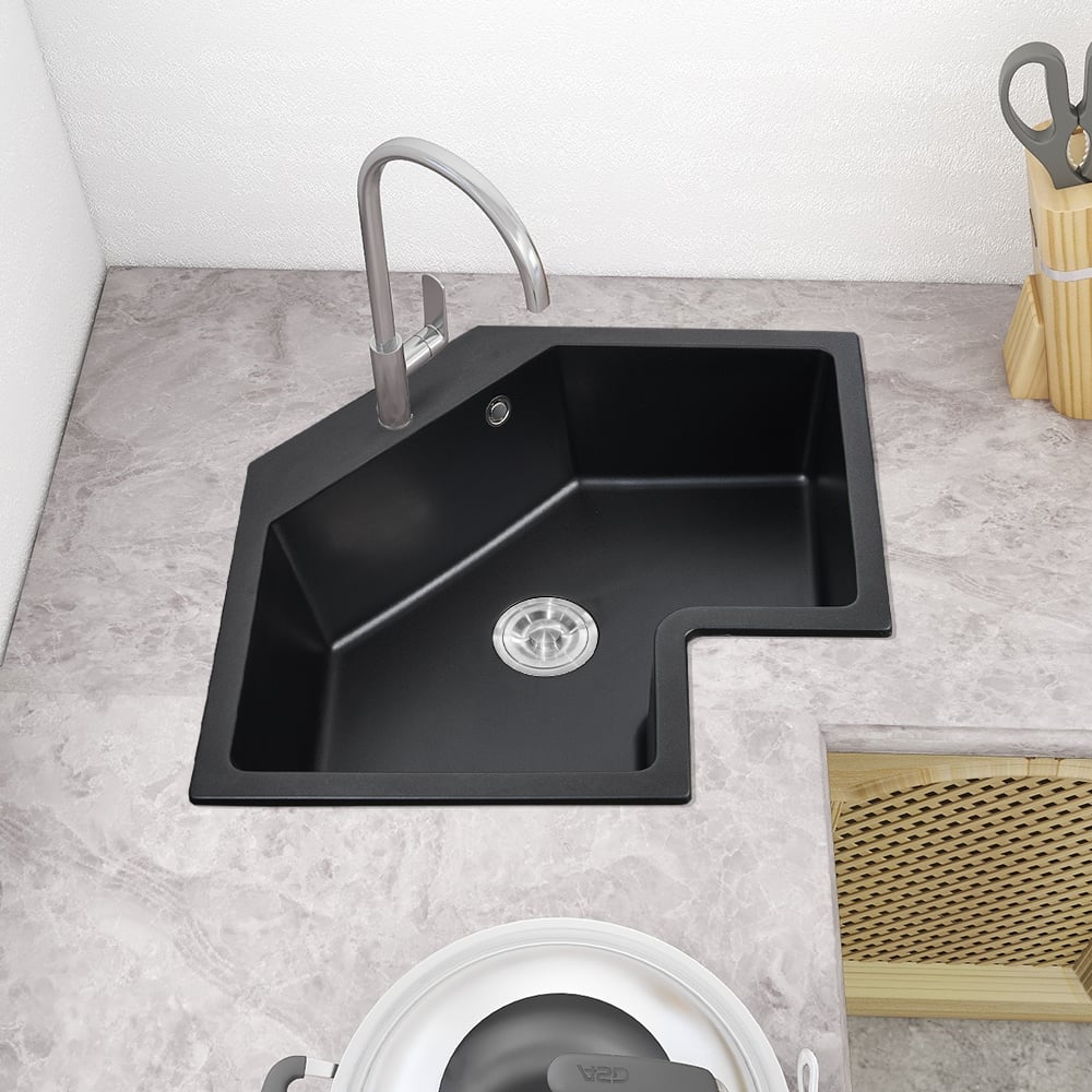 HMR - 25" Drop In Corner Kitchen Modern Single Bowl Quartz Irregular Sink