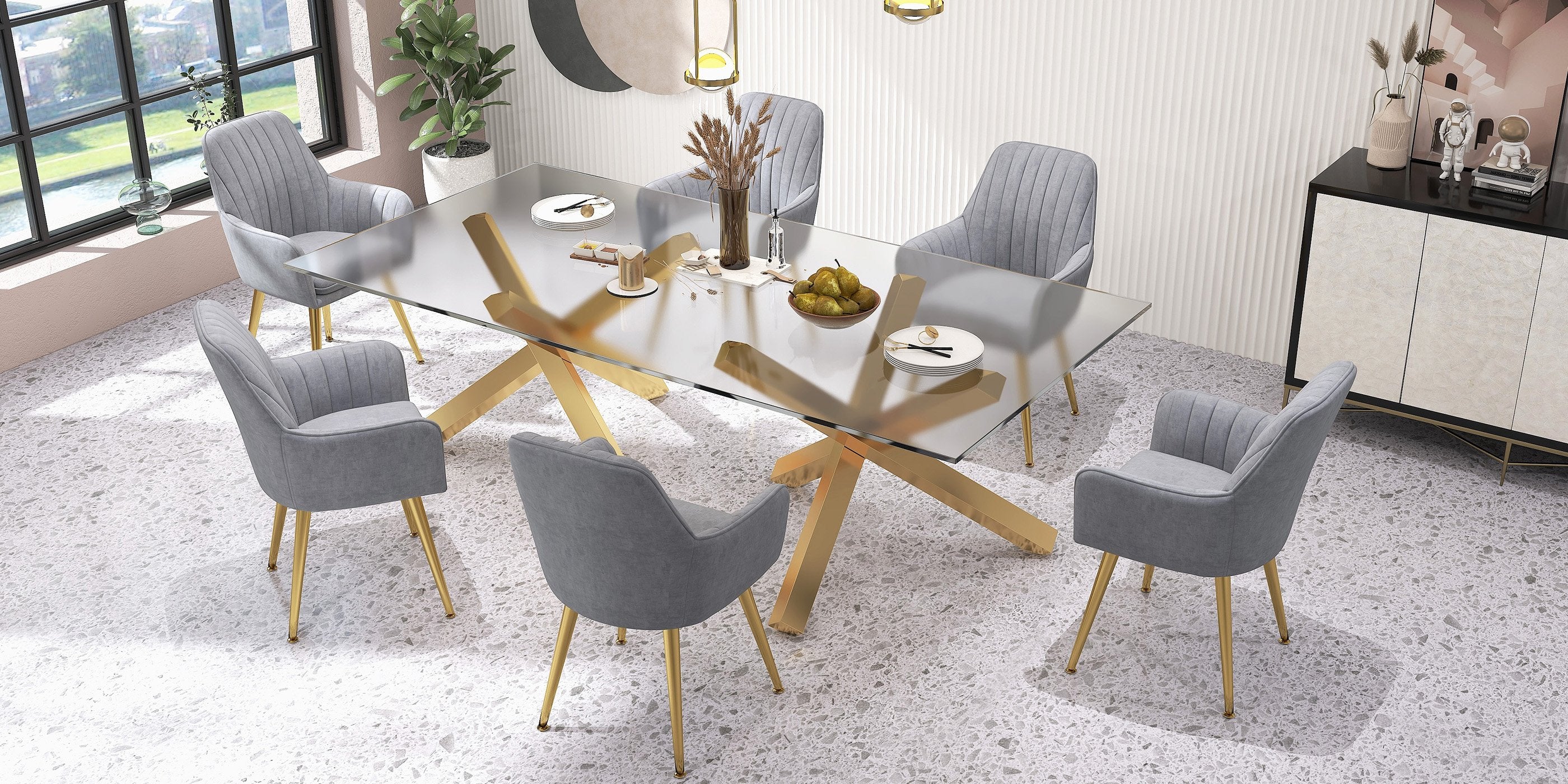 HMR - 94.5" Rectangle Tempered Glass Dining Table Seats 6-8 People