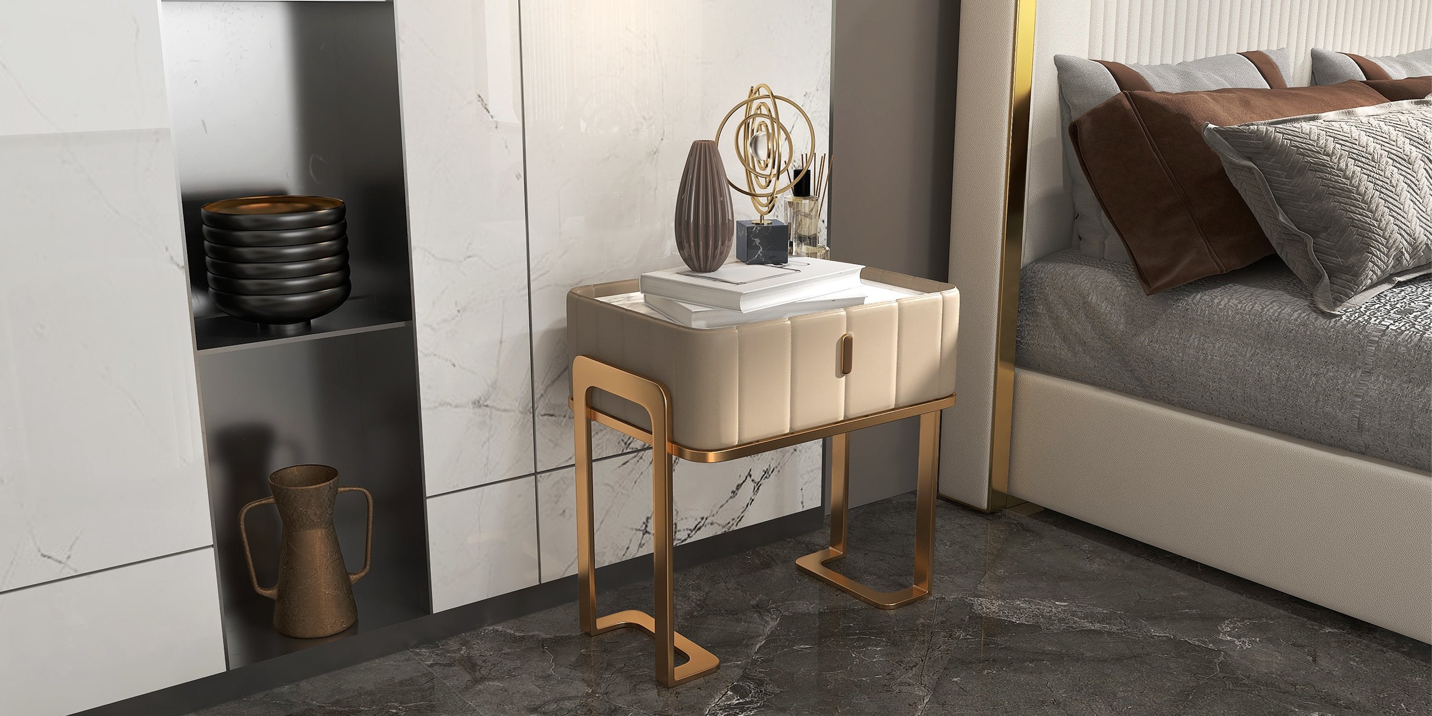 HMR - Modern Nightstand Drawer Bedroom Bedside Table with Sintered Stone Top