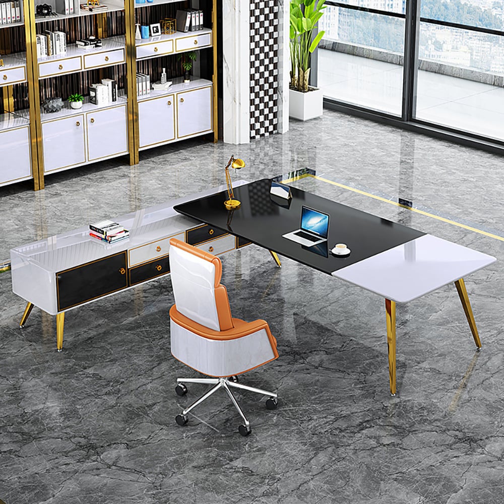 HMR - L-Shaped Modern Corner Executive Desk with Storage in White & Gold & Black