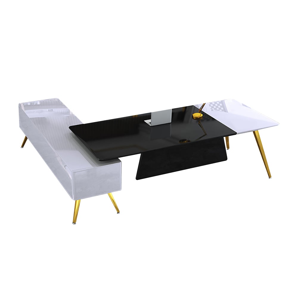 HMR - L-Shaped Modern Corner Executive Desk with Storage in White & Gold & Black