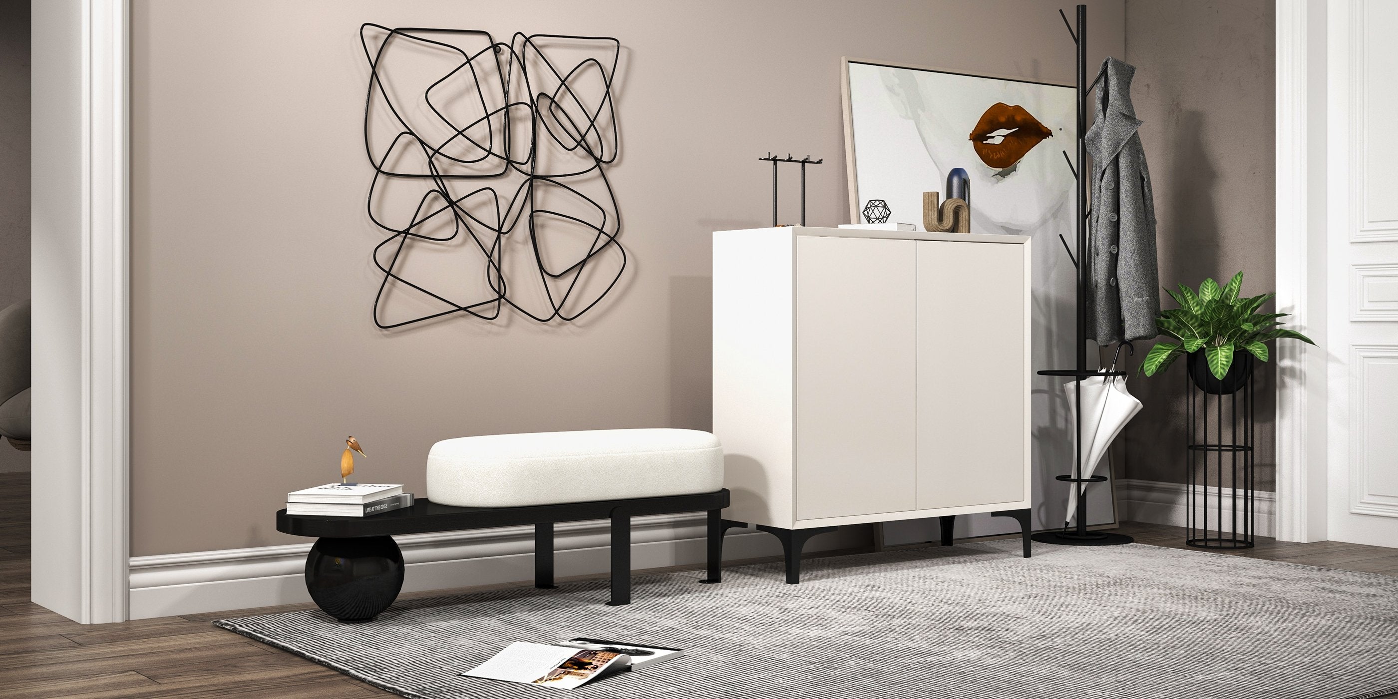 HMR - Nordic Minimalist Off White Wooden Shoe Cabinet with 2-Door 10-Shelf