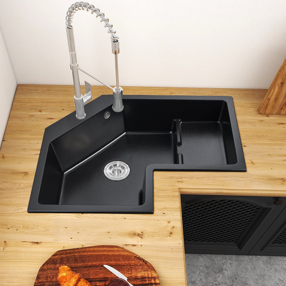 HMR - 32" Modern Drop In Corner Kitchen Sink Single Bowl Quartz Irregular